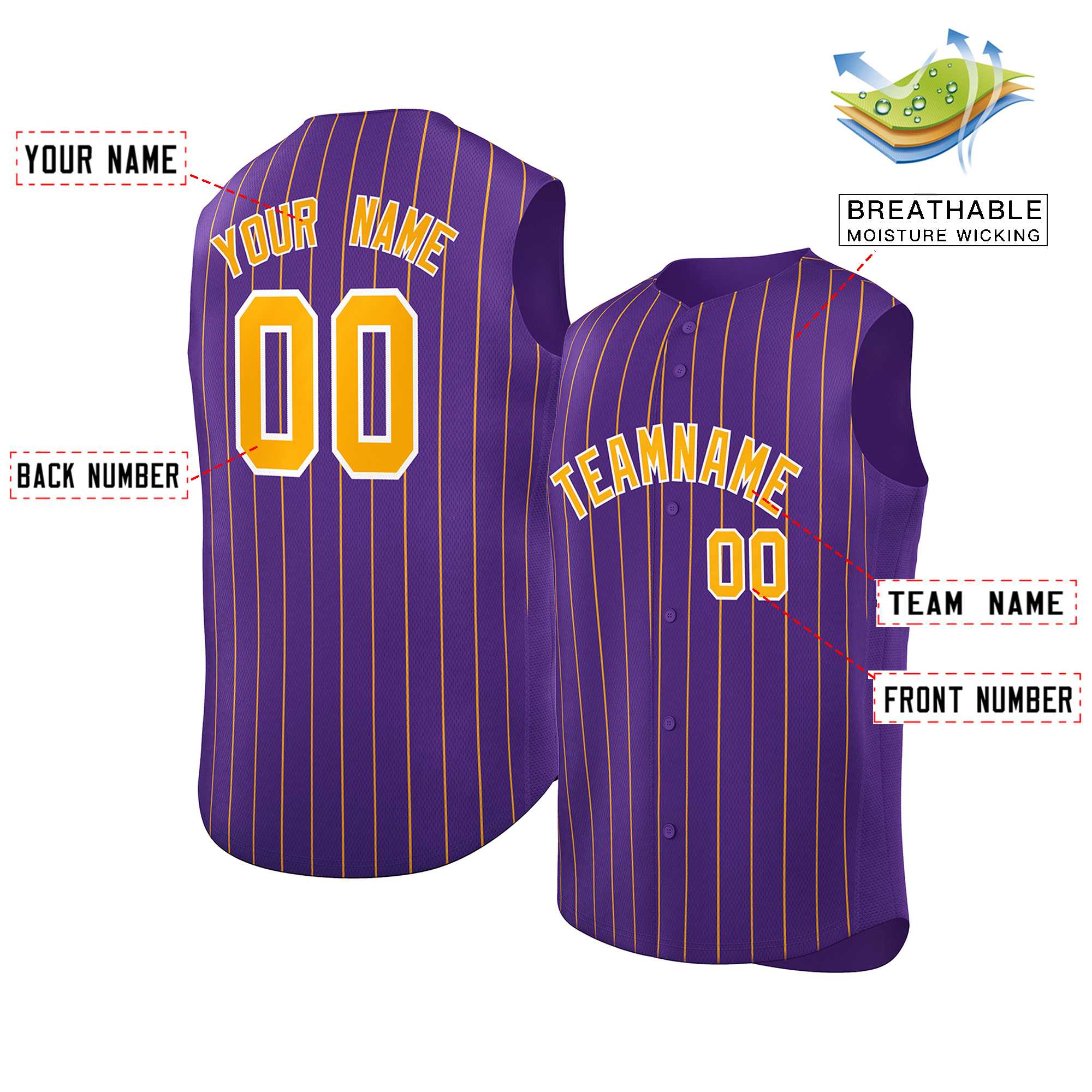 Custom Purple Yellow-White Sleeveless Stripe Fashion Baseball Jersey - Image 2