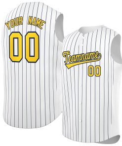 Custom White Gold-Navy Sleeveless Stripe Fashion Baseball Jersey