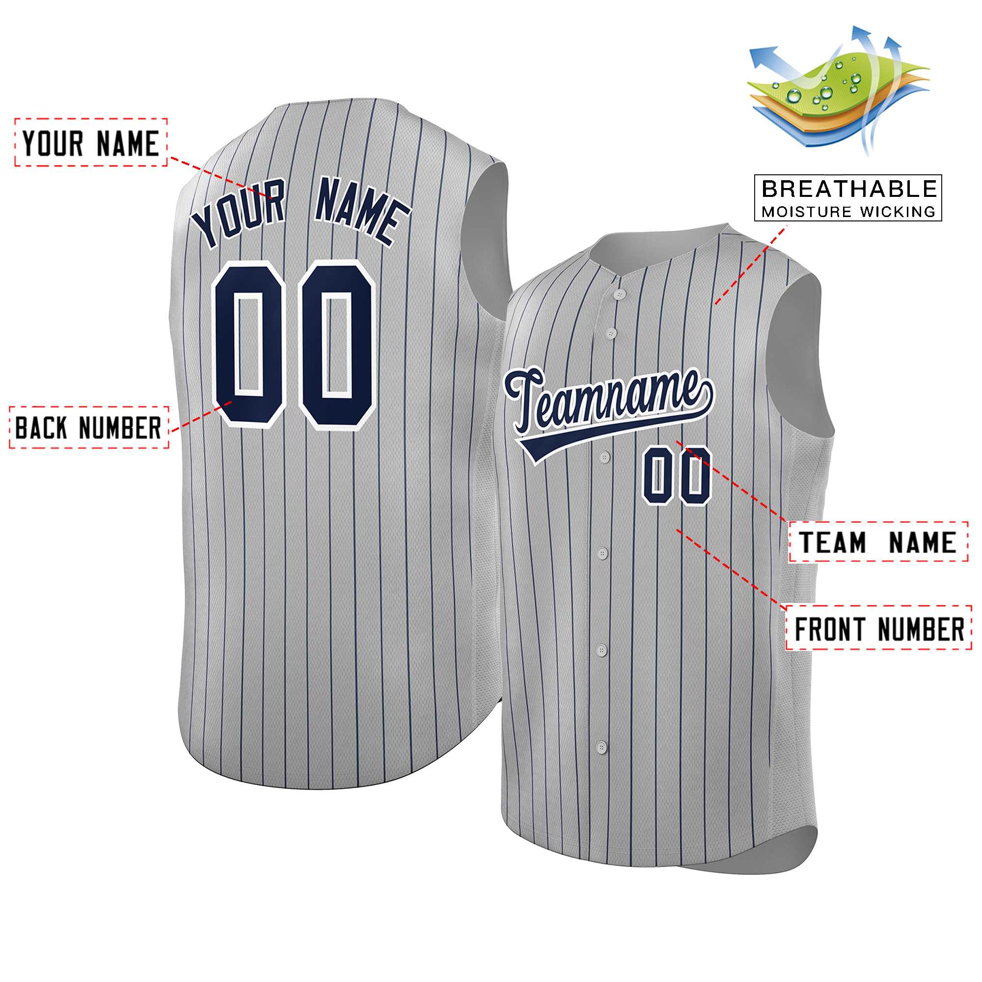 Custom Gray Navy-White Sleeveless Stripe Fashion Baseball Jersey - Image 2