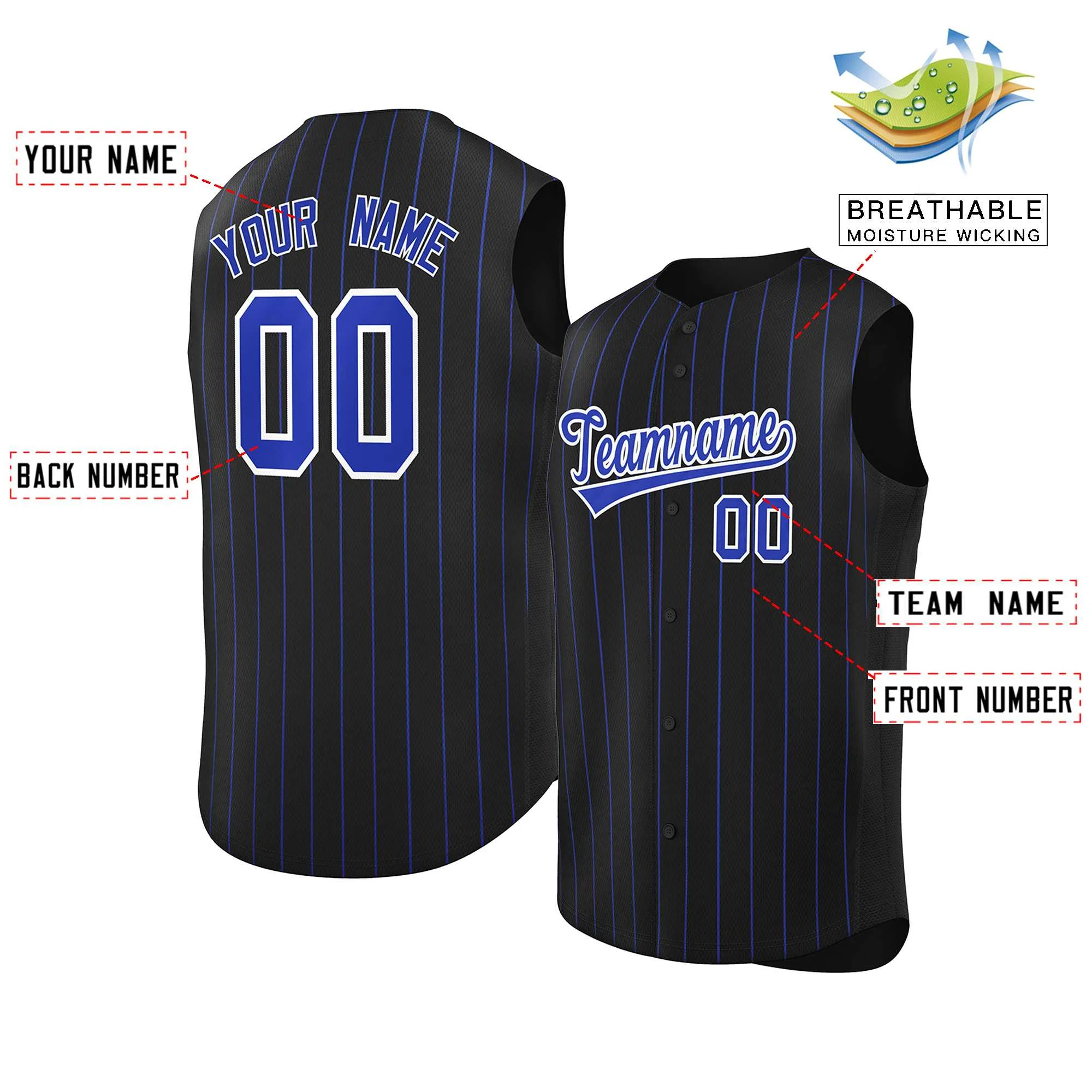 Custom Black Royal-White Sleeveless Stripe Fashion Baseball Jersey - Image 2