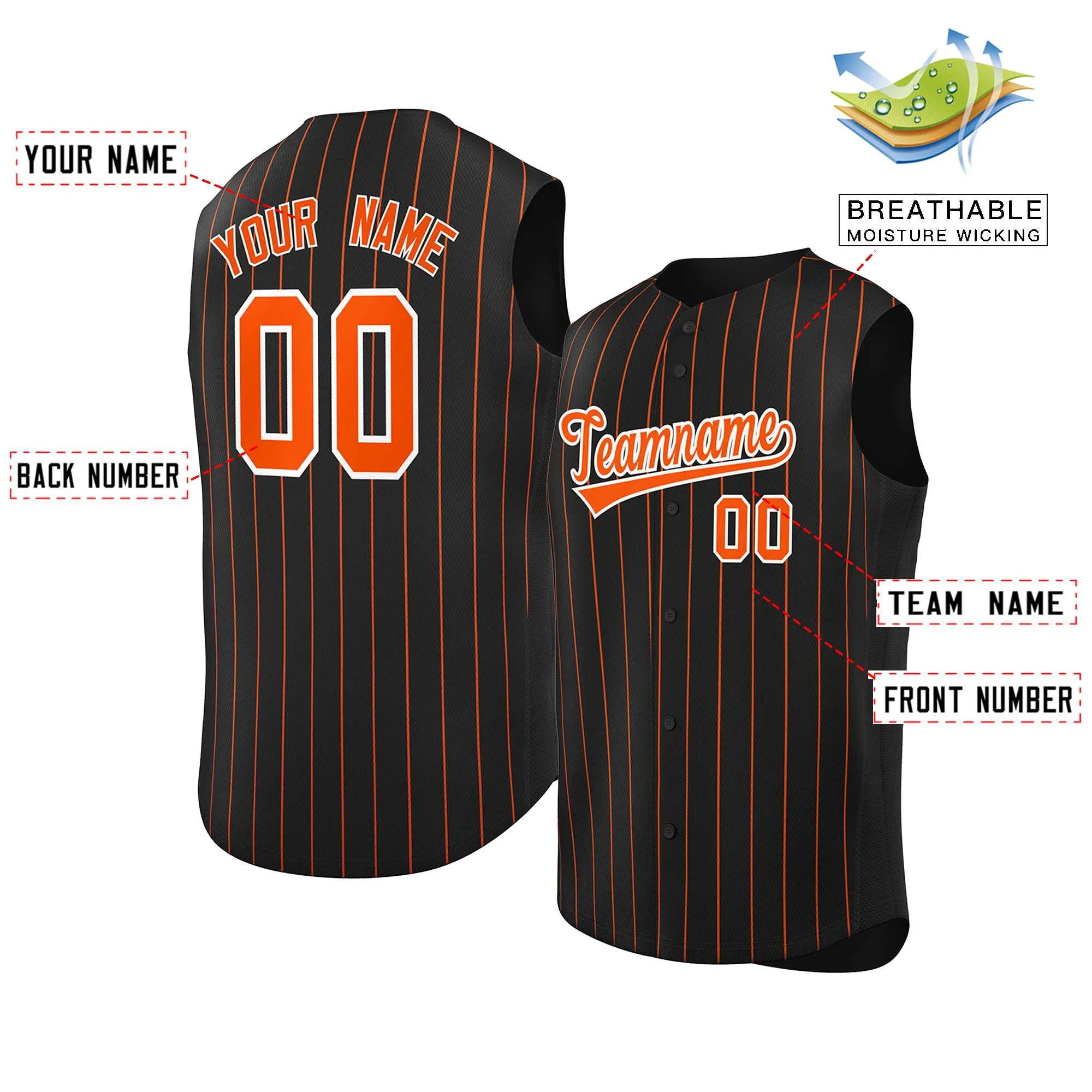 Custom Black Orange-White Sleeveless Stripe Fashion Baseball Jersey - Image 2