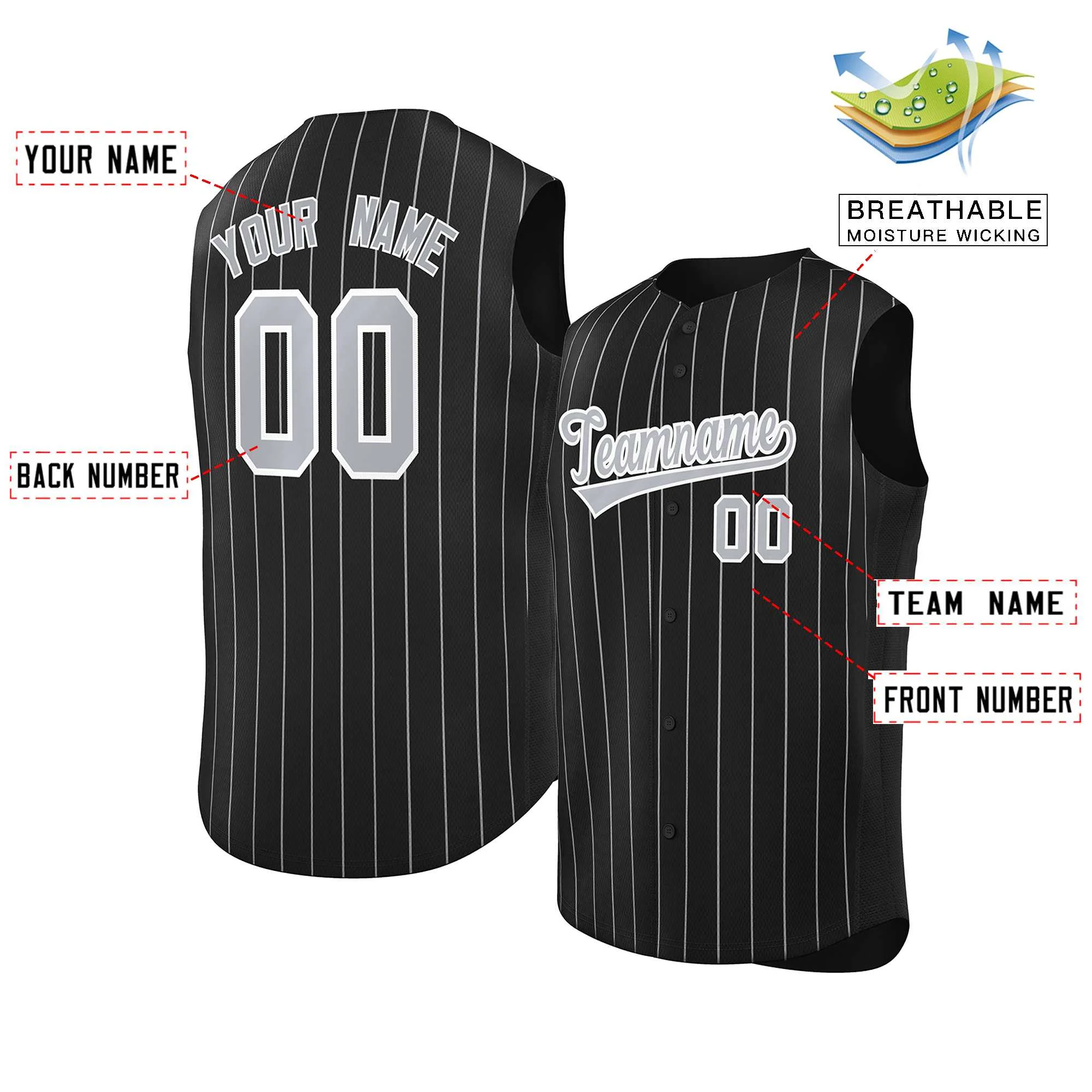 Custom Black Gray-White Sleeveless Stripe Fashion Baseball Jersey - Image 2
