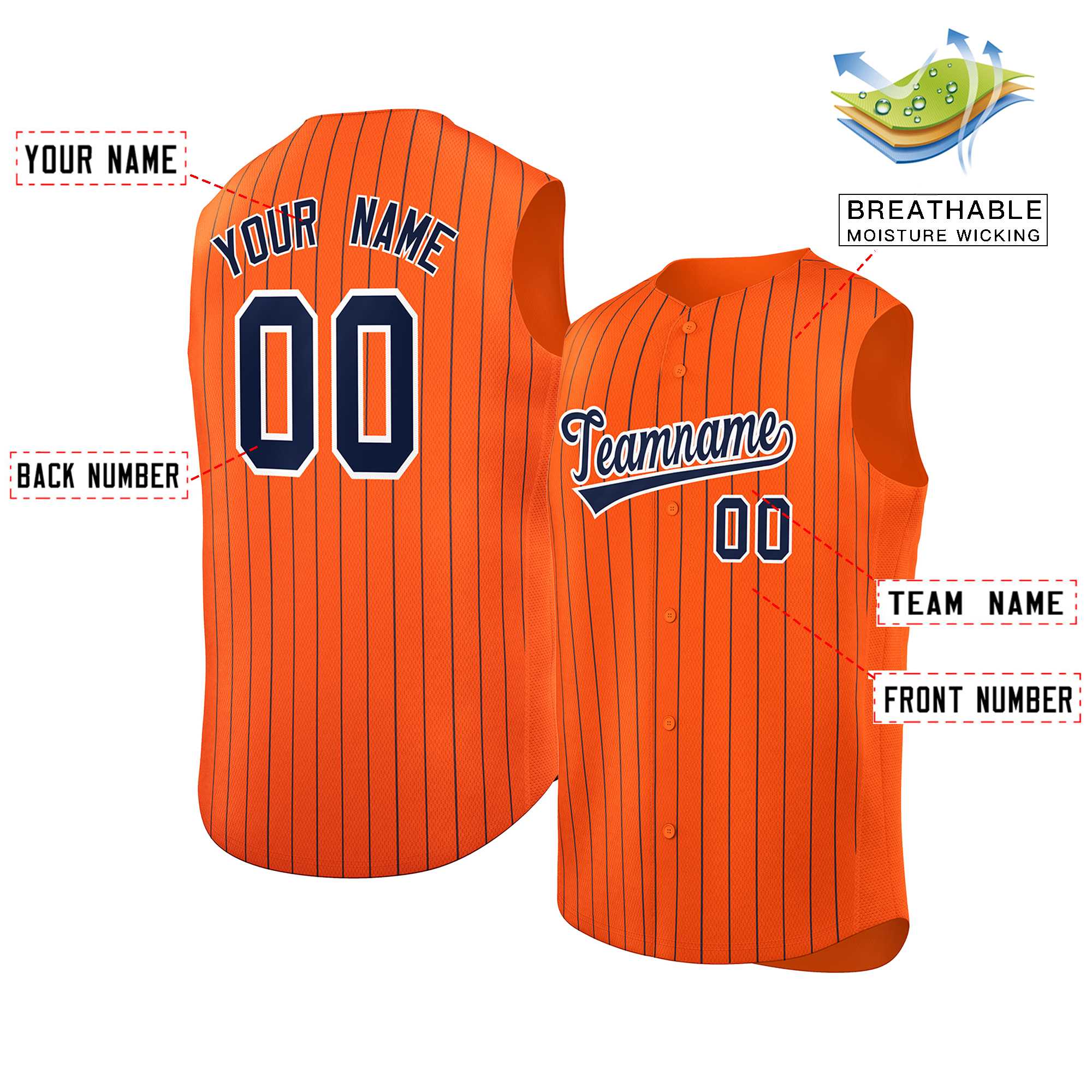 Custom Orange Navy-White Sleeveless Stripe Fashion Baseball Jersey - Image 2