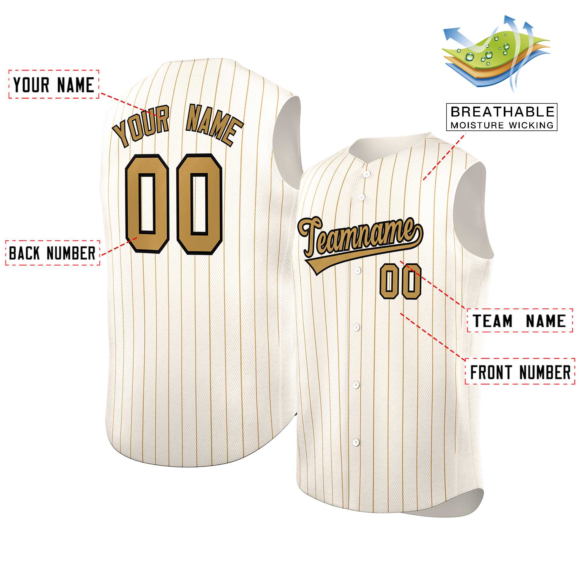 Custom Cream Old Gold-Black Sleeveless Stripe Fashion Baseball Jersey - Image 2