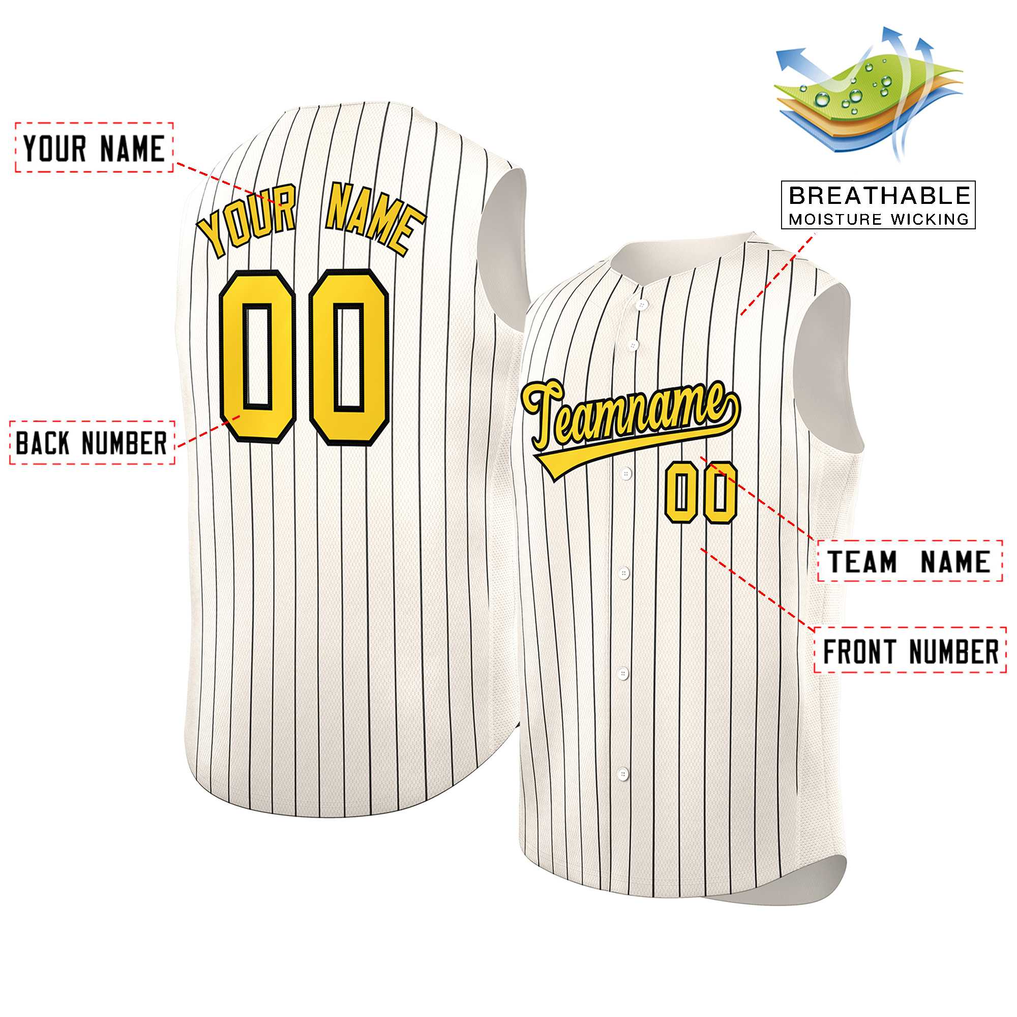 Custom Cream Gold-Black Sleeveless Stripe Fashion Baseball Jersey - Image 2