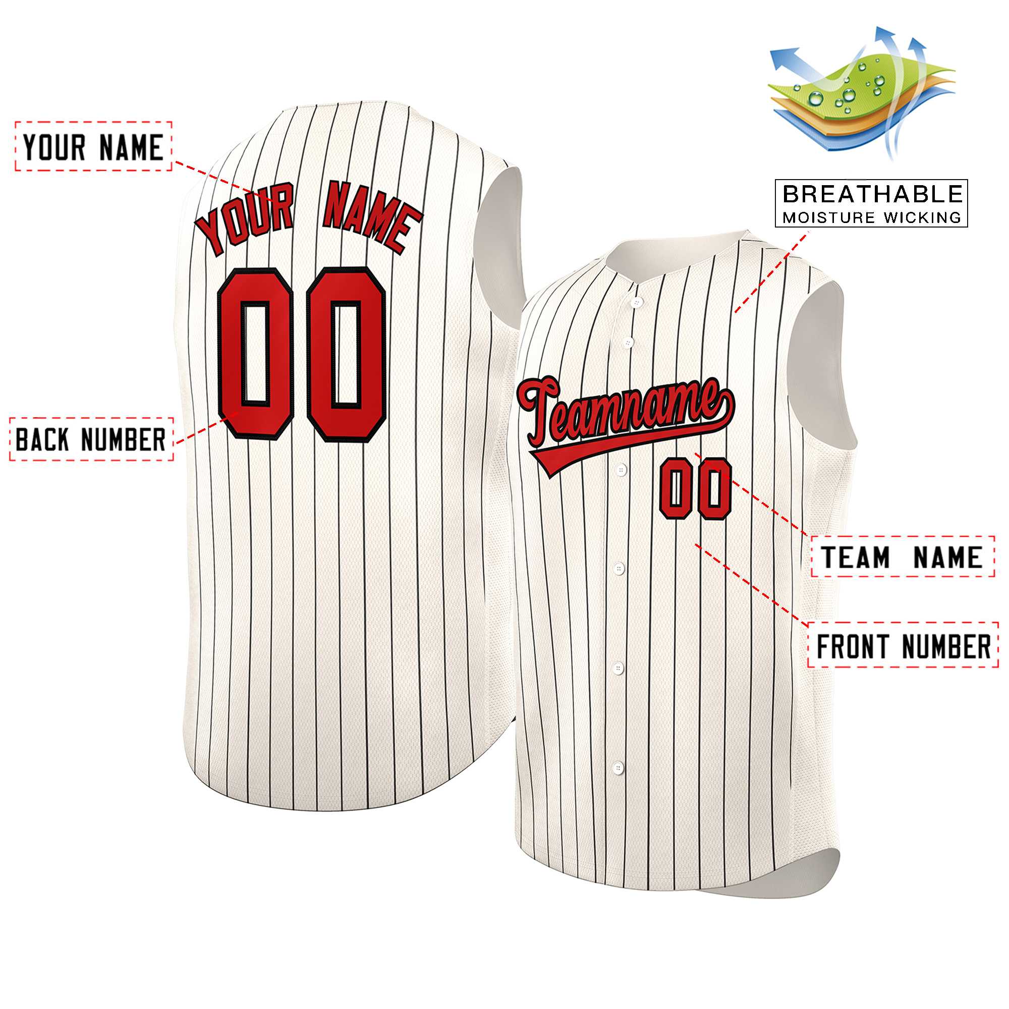 Custom Cream Red-Black Sleeveless Stripe Fashion Baseball Jersey - Image 2