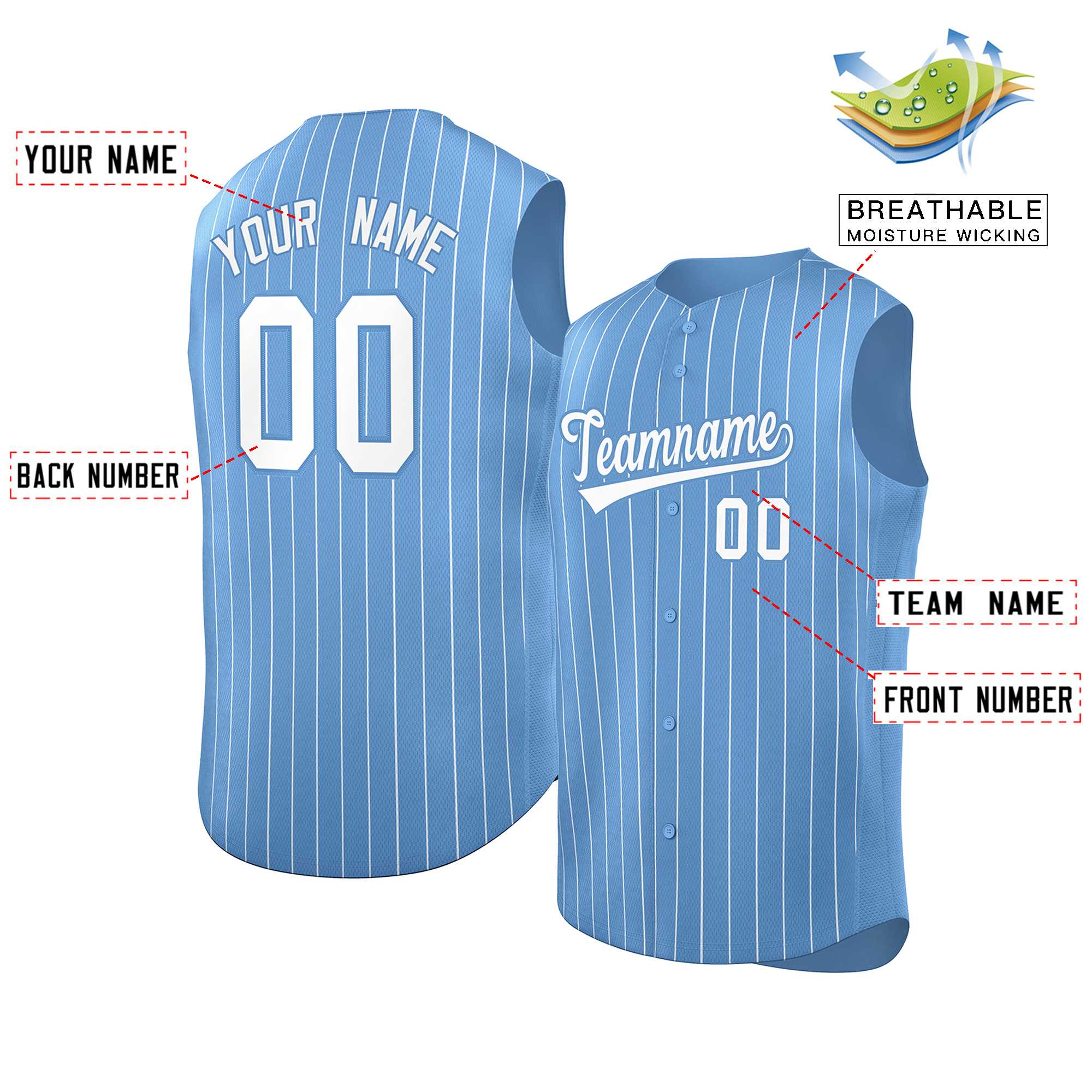 Custom Light Blue White-Light Blue Sleeveless Stripe Fashion Baseball Jersey - Image 2