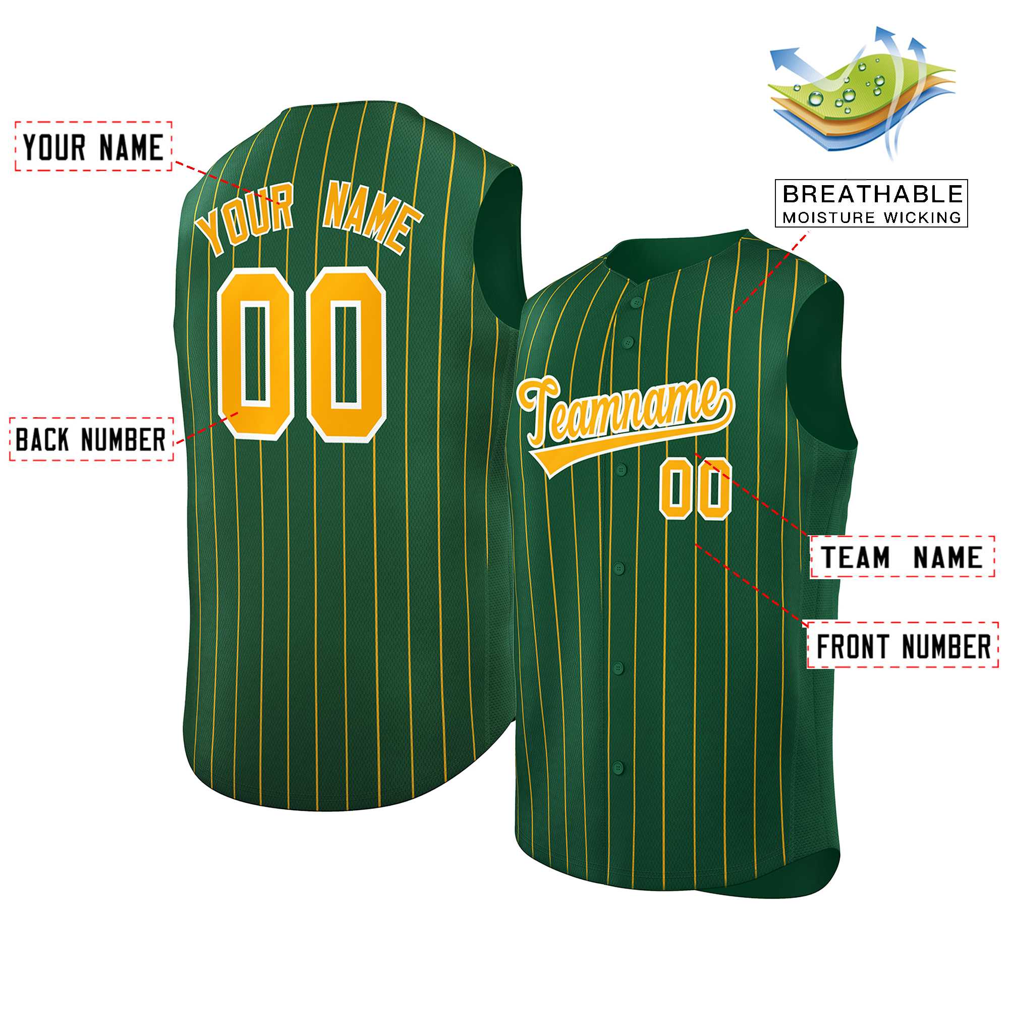 Custom Green Yellow-White Sleeveless Stripe Fashion Baseball Jersey - Image 2