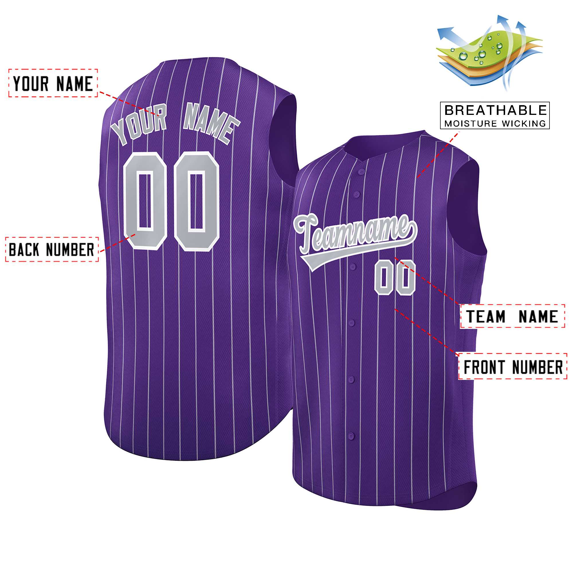 Custom Purple Gray-White Sleeveless Stripe Fashion Baseball Jersey - Image 2