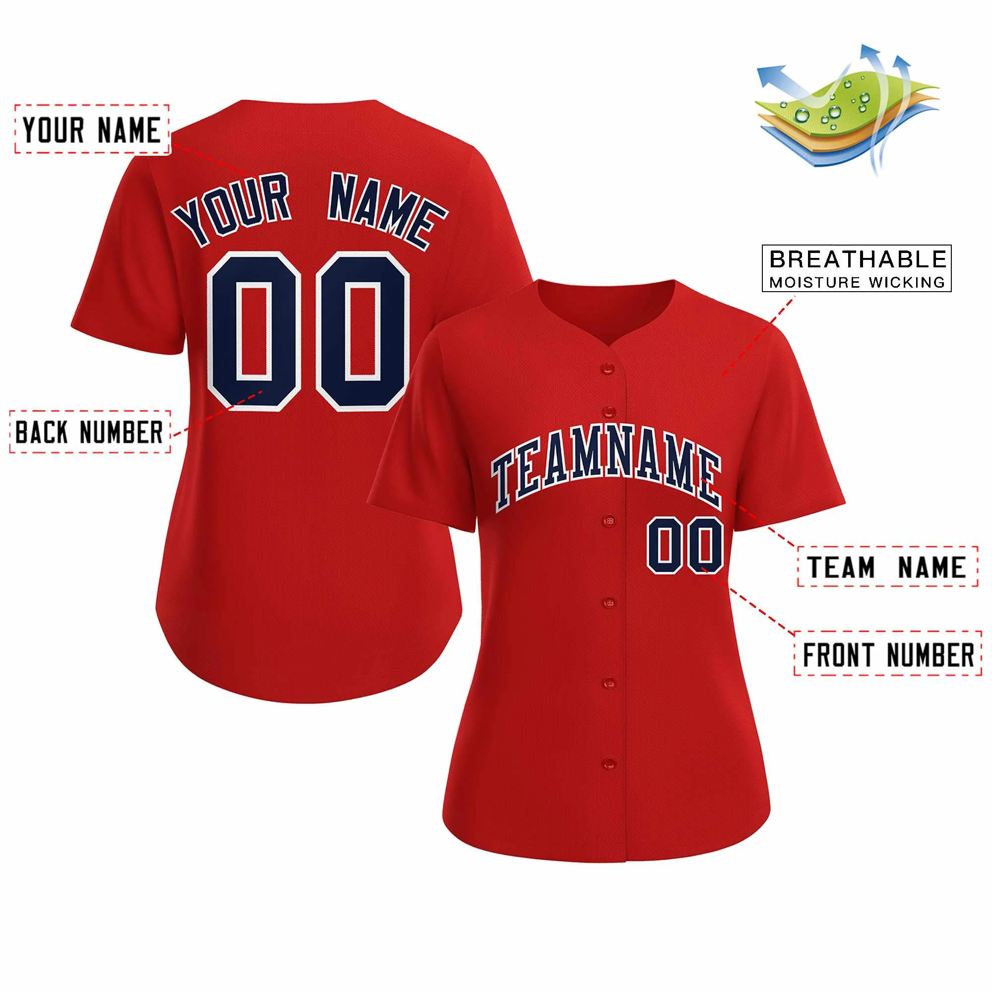 Custom Red Navy White Classic Style Baseball Jersey for Women - Image 2