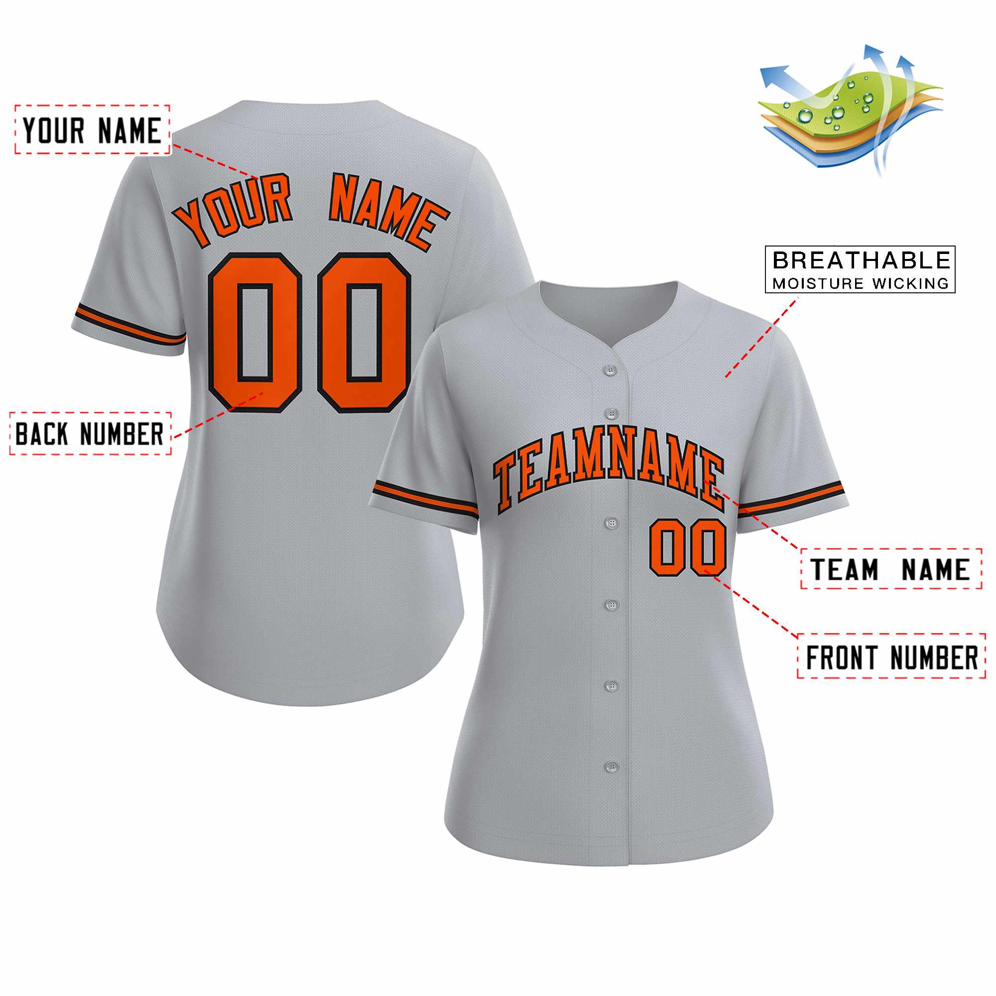 Custom Gray Orange Black Classic Style Baseball Jersey for Women - Image 2