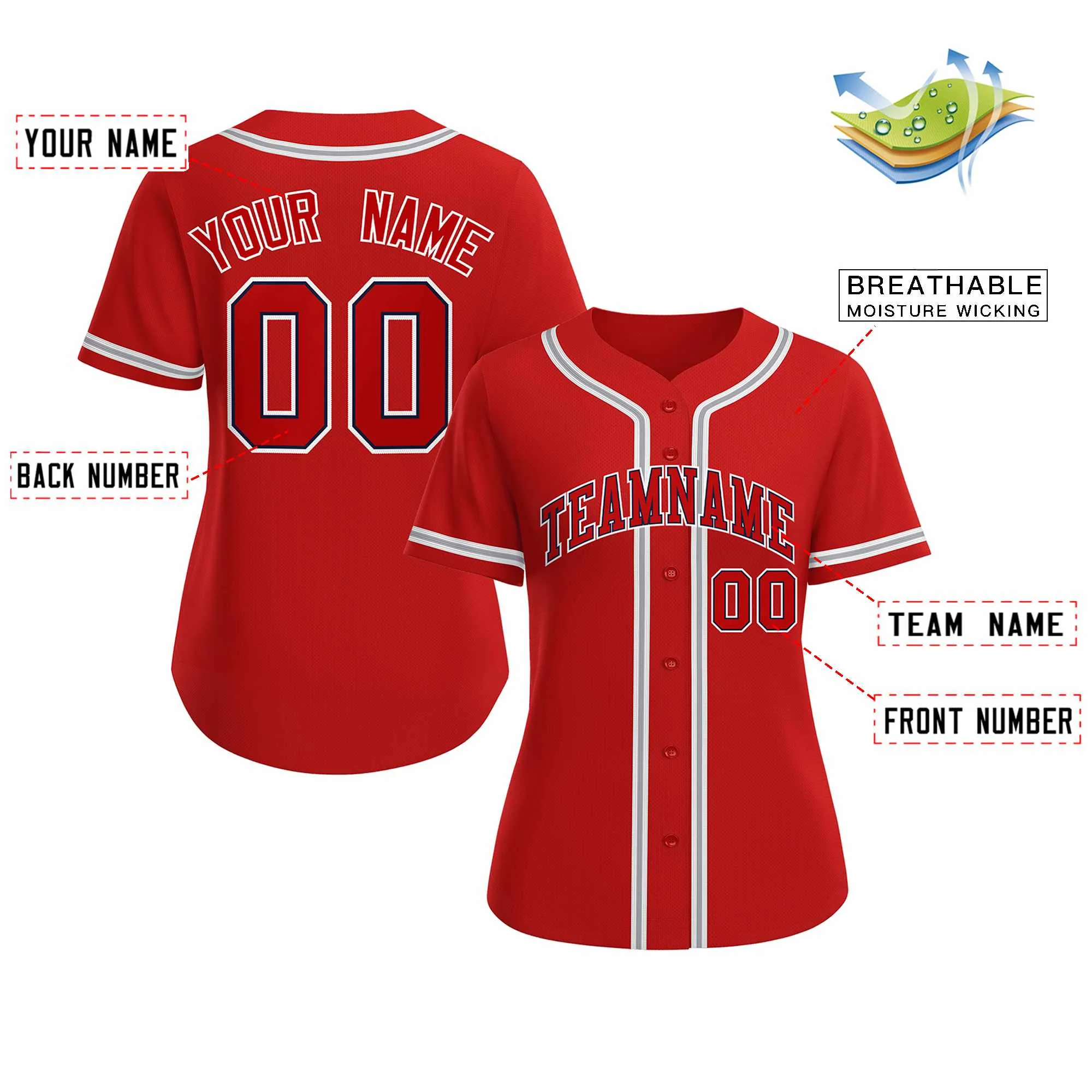 Custom Red Red Navy Classic Style Baseball Jersey for Women - Image 2