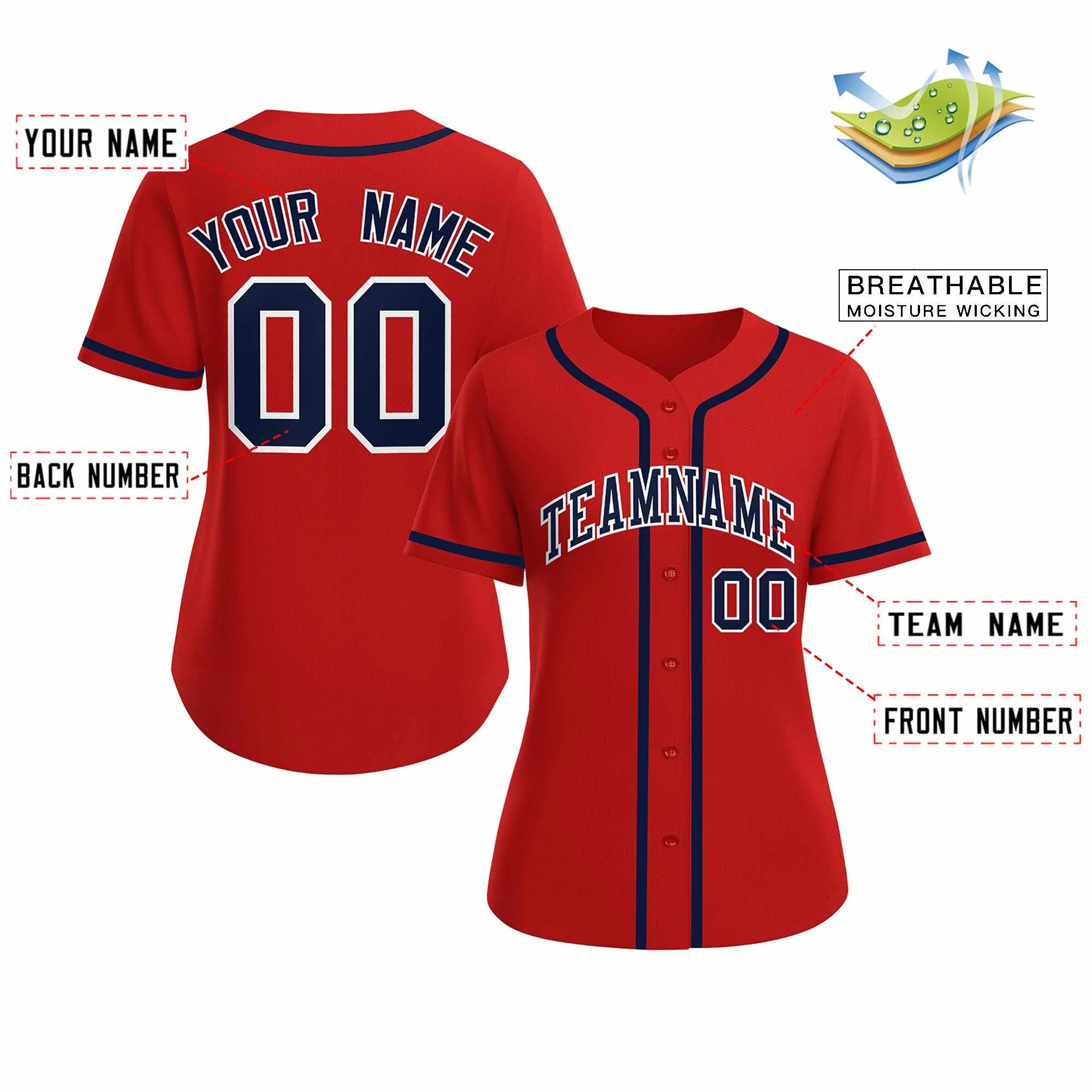 Custom Red Navy White Classic Style Baseball Jersey for Women - Image 2