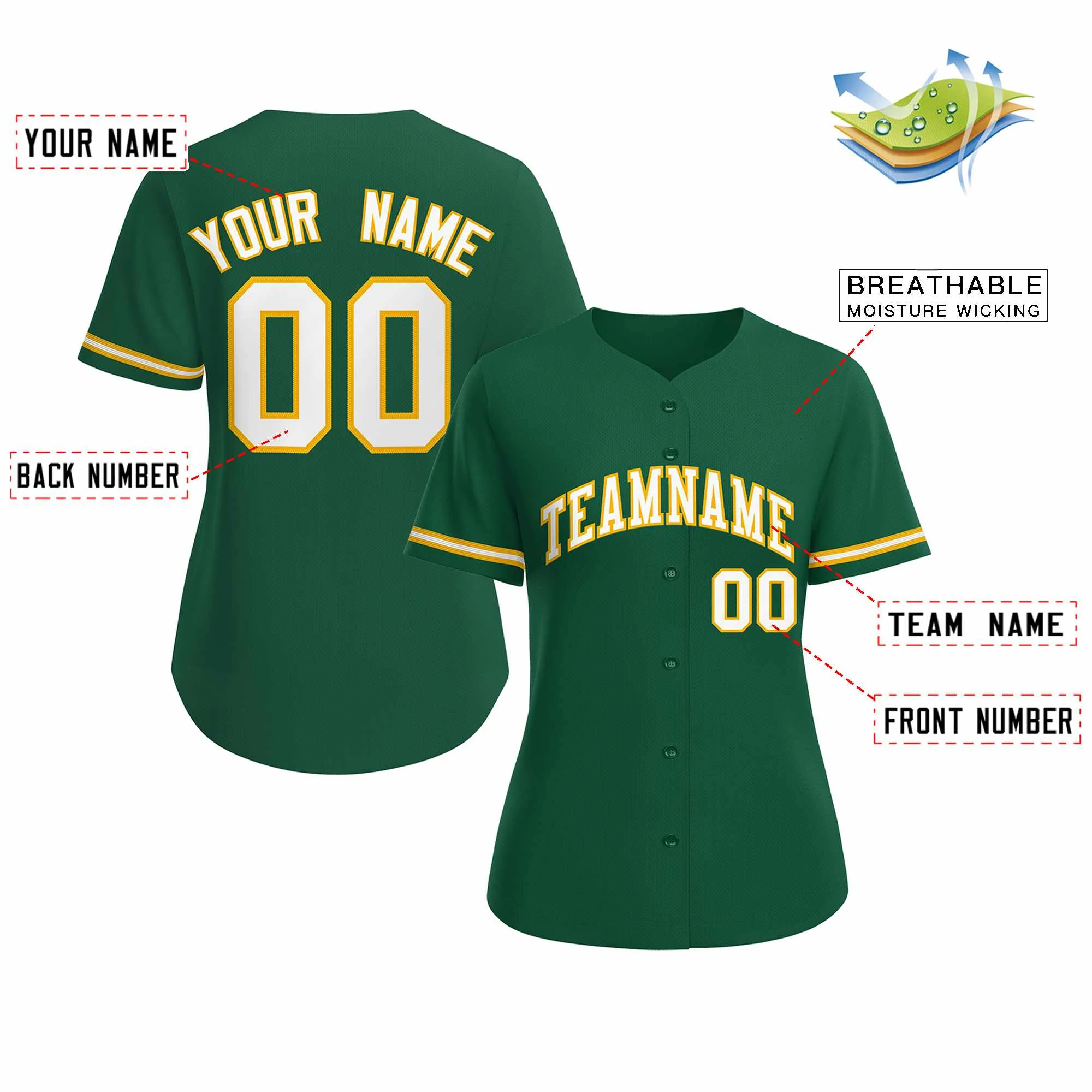 Custom Green White Gold Classic Style Baseball Jersey for Women - Image 2