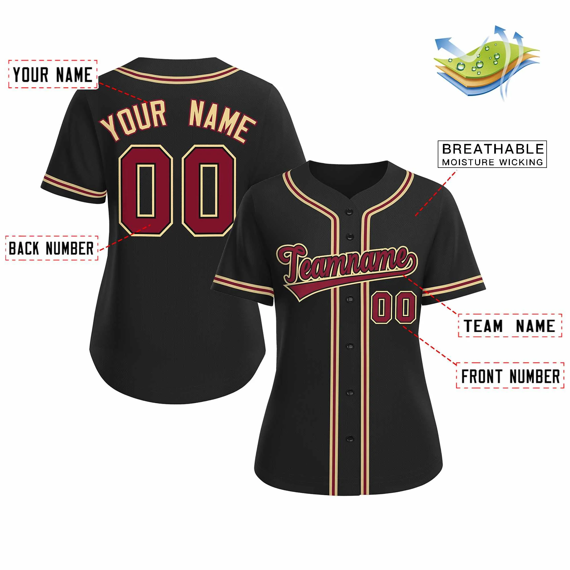 Custom Black Crimson Black Classic Style Baseball Jersey for Women - Image 2
