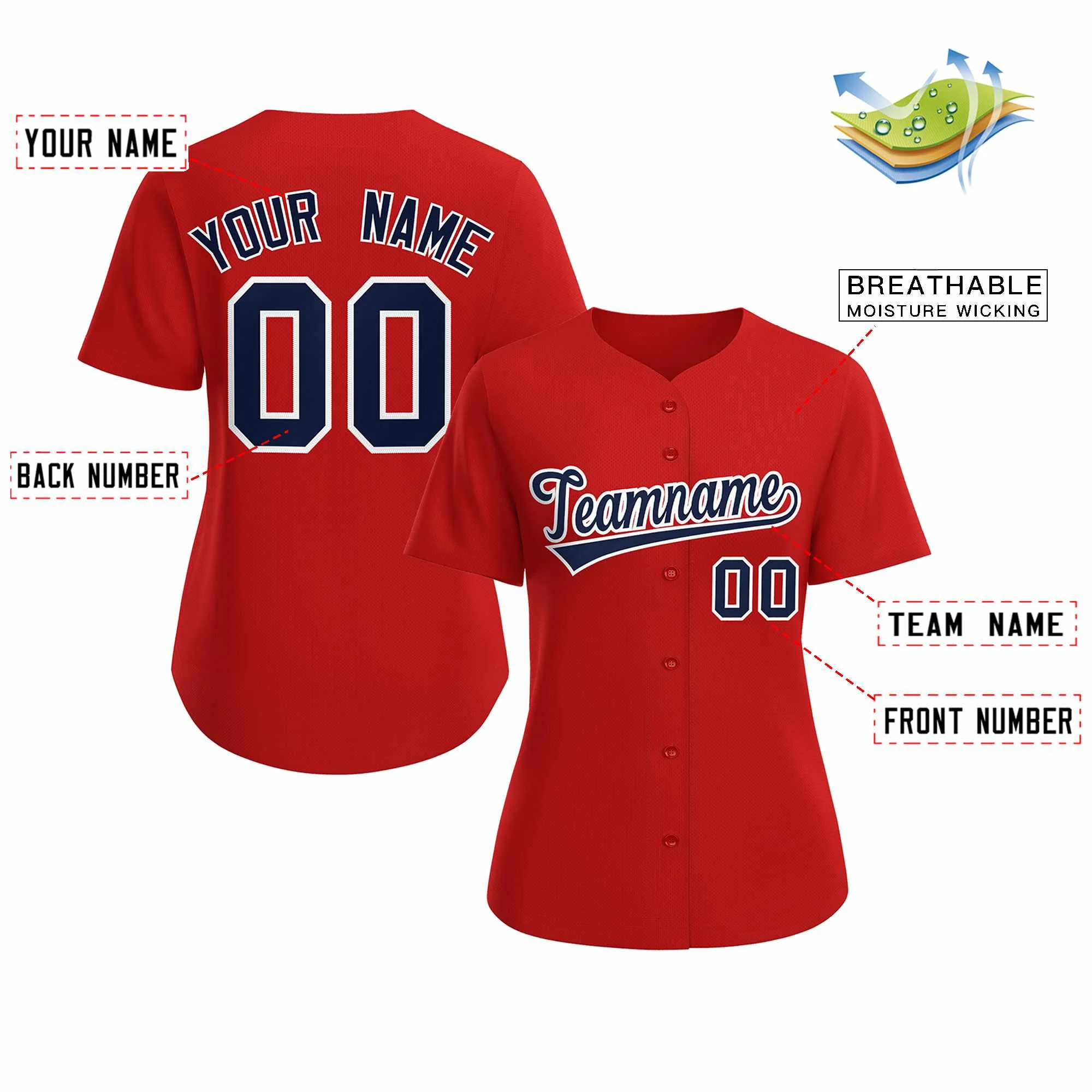 Custom Red Navy White Classic Style Baseball Jersey for Women - Image 2