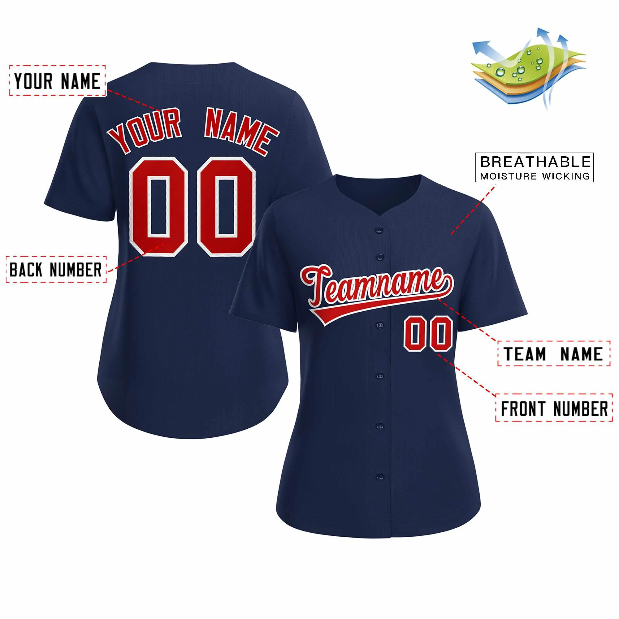 Custom Navy Red White Classic Style Baseball Jersey for Women - Image 2