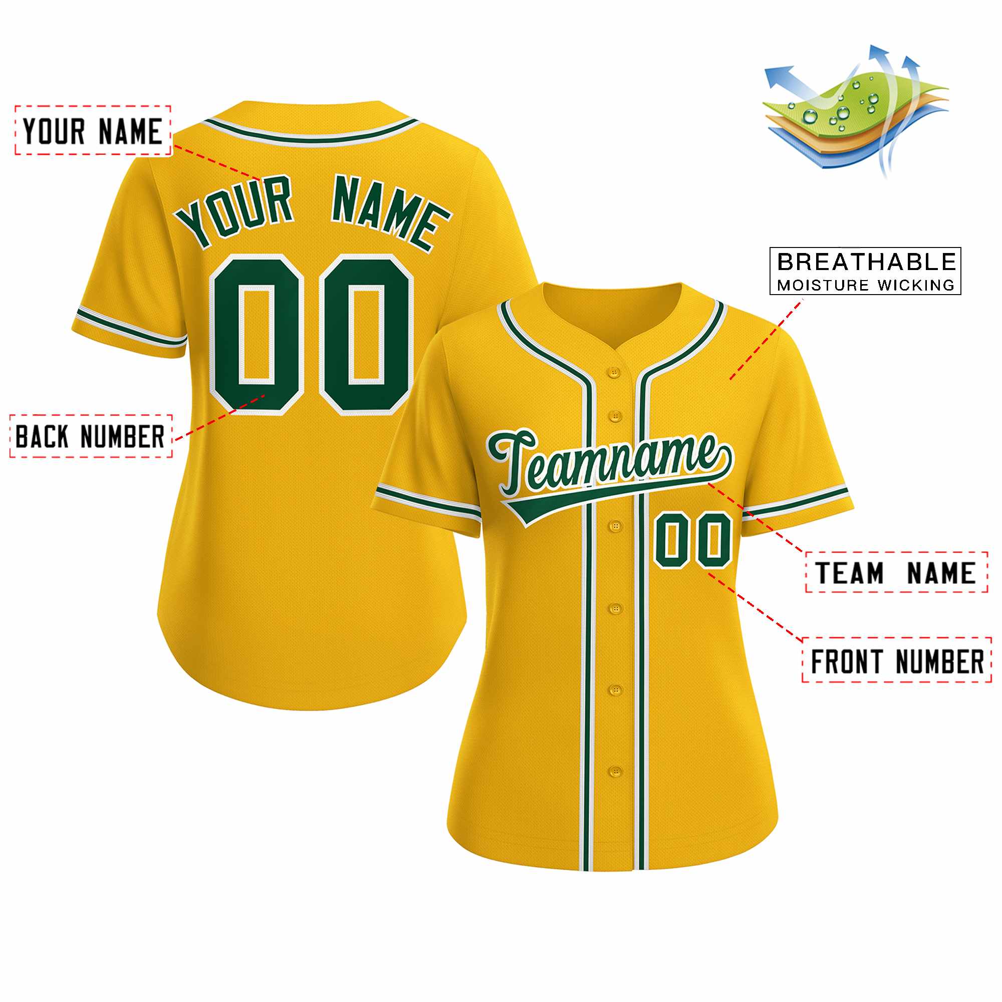 Custom Gold Green White Classic Style Baseball Jersey for Women - Image 2