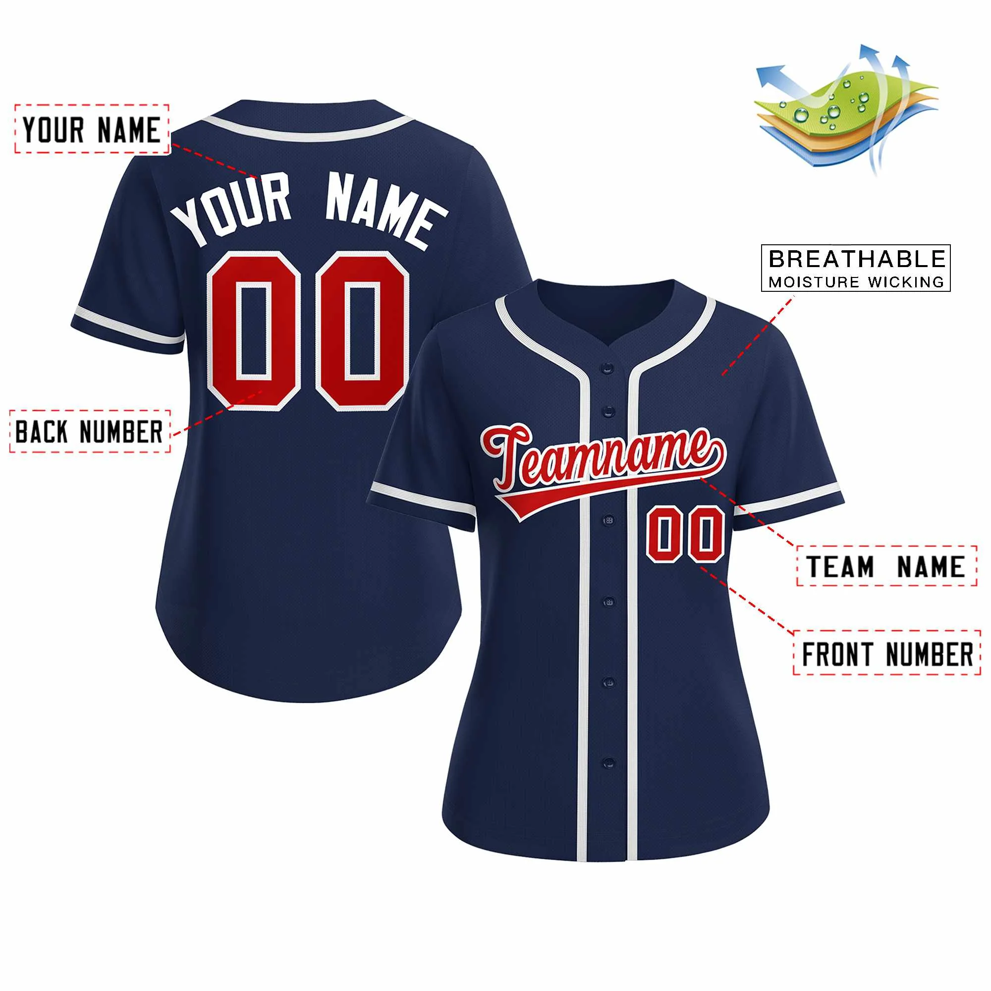 Custom Navy Red White Classic Style Baseball Jersey for Women - Image 2