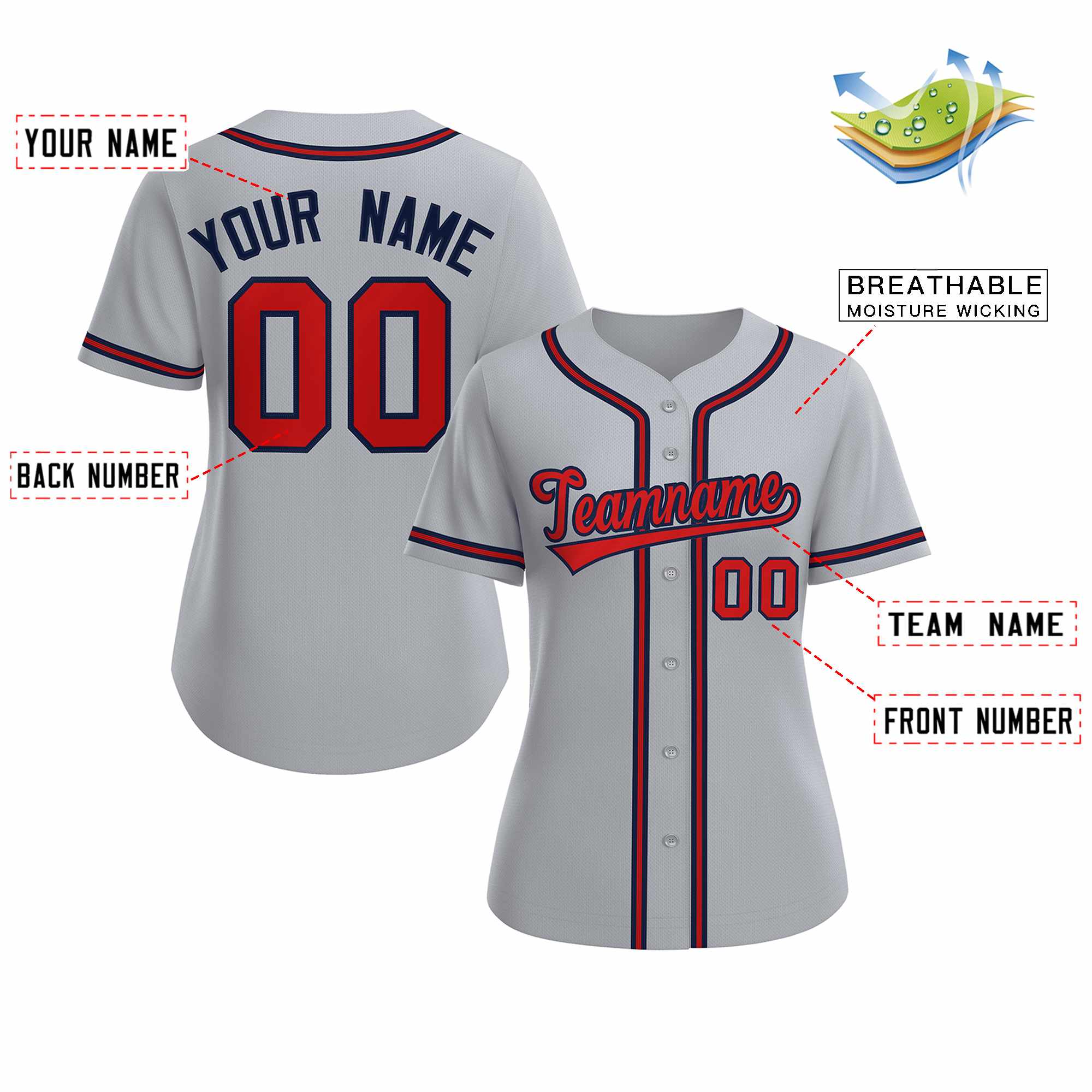 Custom Gray Red Navy Classic Style Baseball Jersey for Women - Image 2