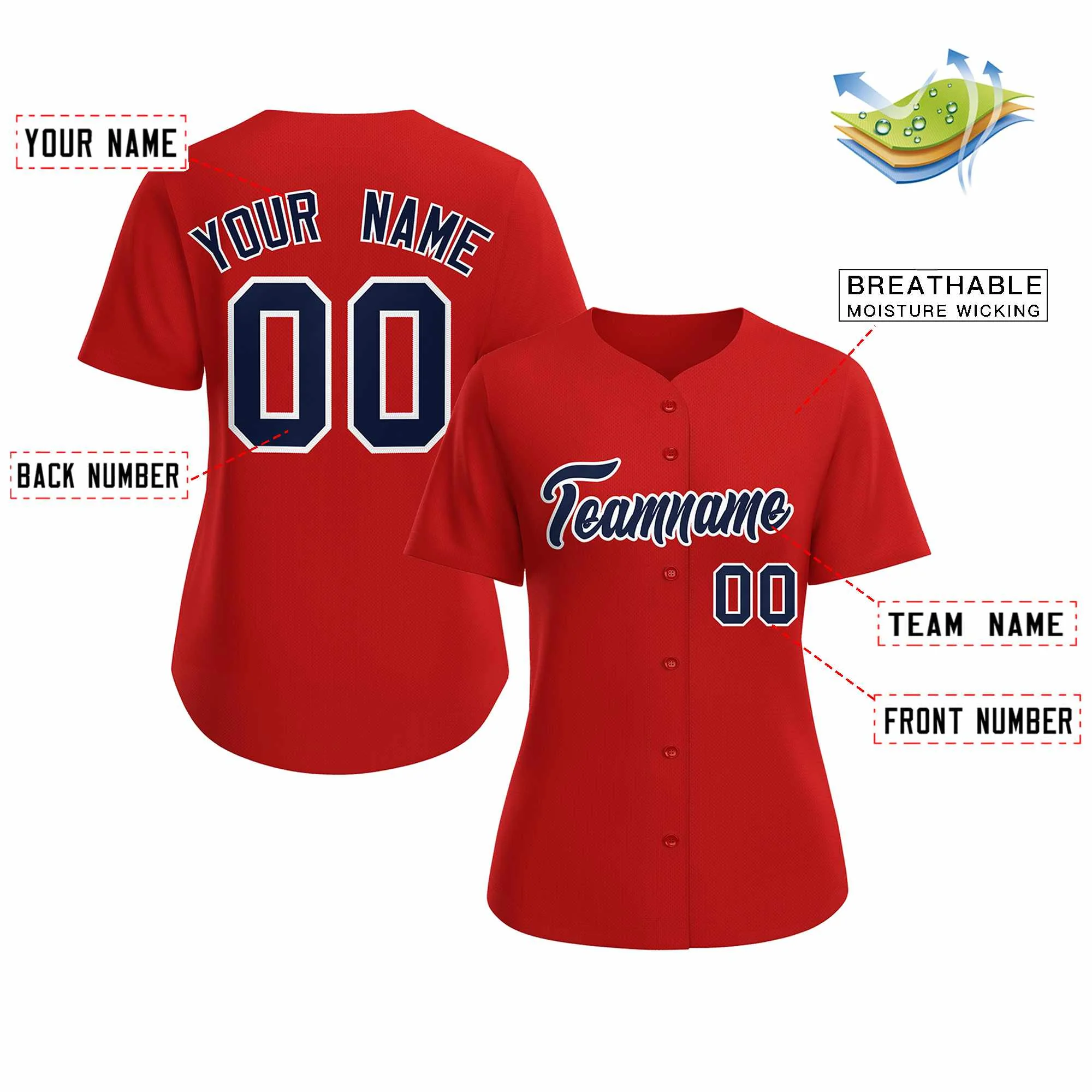 Custom Red Navy White Classic Style Baseball Jersey for Women - Image 2