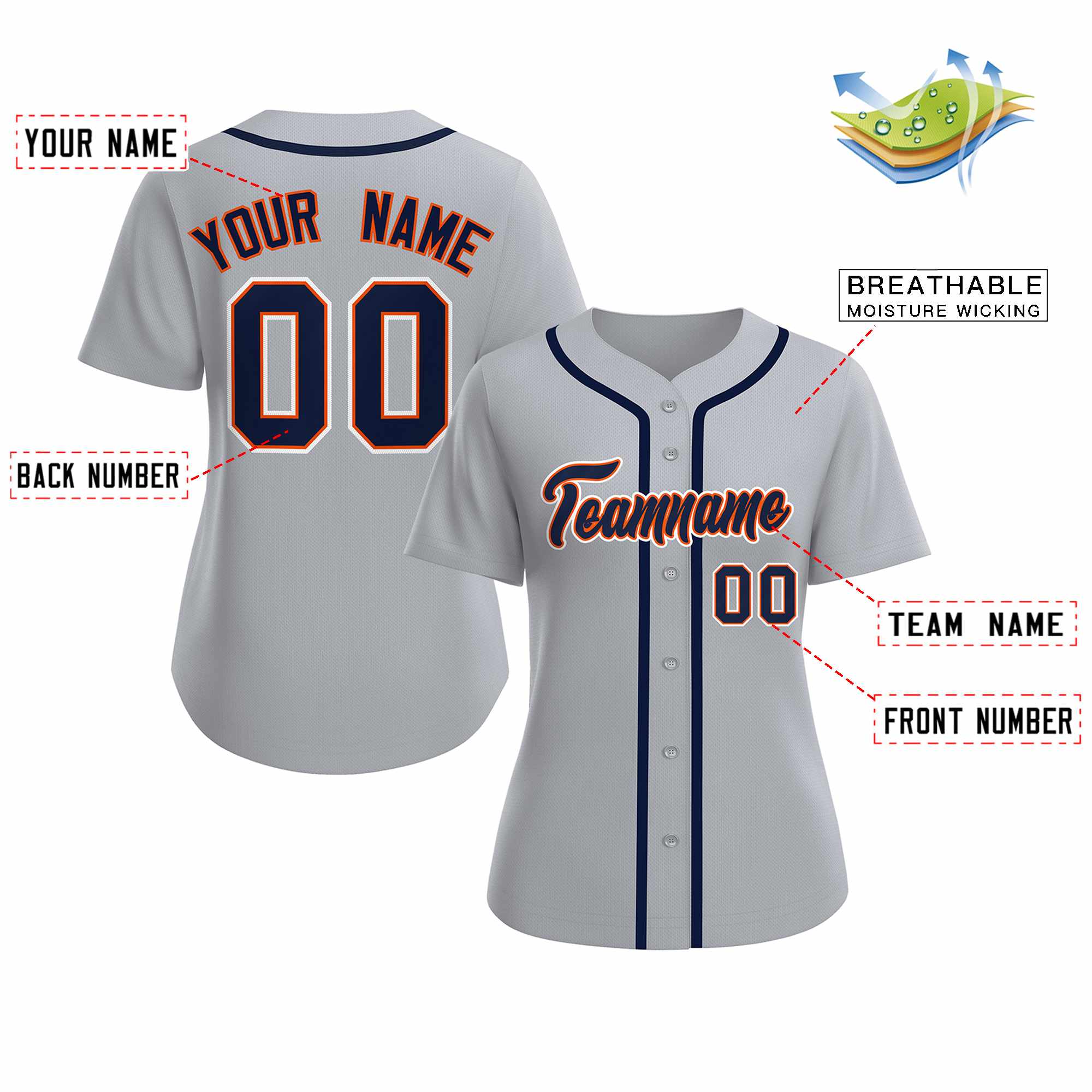 Custom Gray Navy Orange Classic Style Baseball Jersey for Women - Image 2