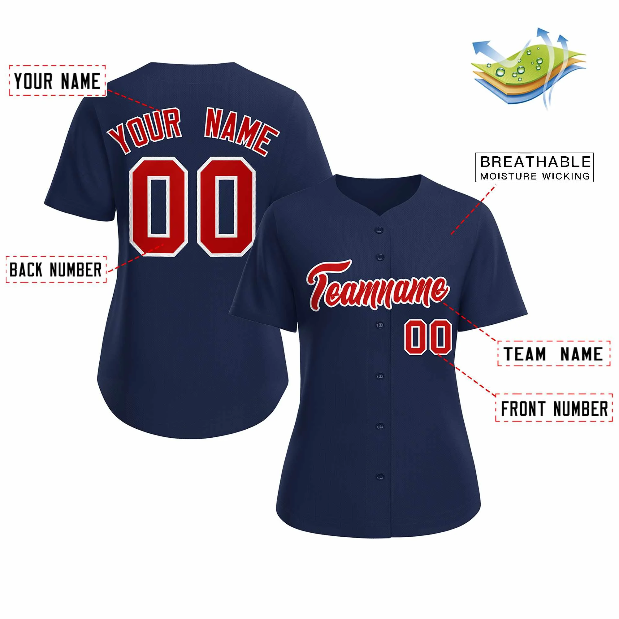 Custom Navy Red White Classic Style Baseball Jersey for Women - Image 2
