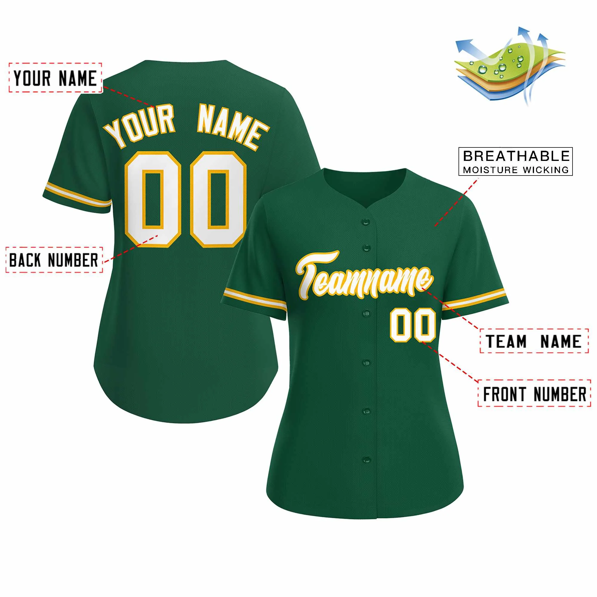 Custom Green White Gold Classic Style Baseball Jersey for Women - Image 2