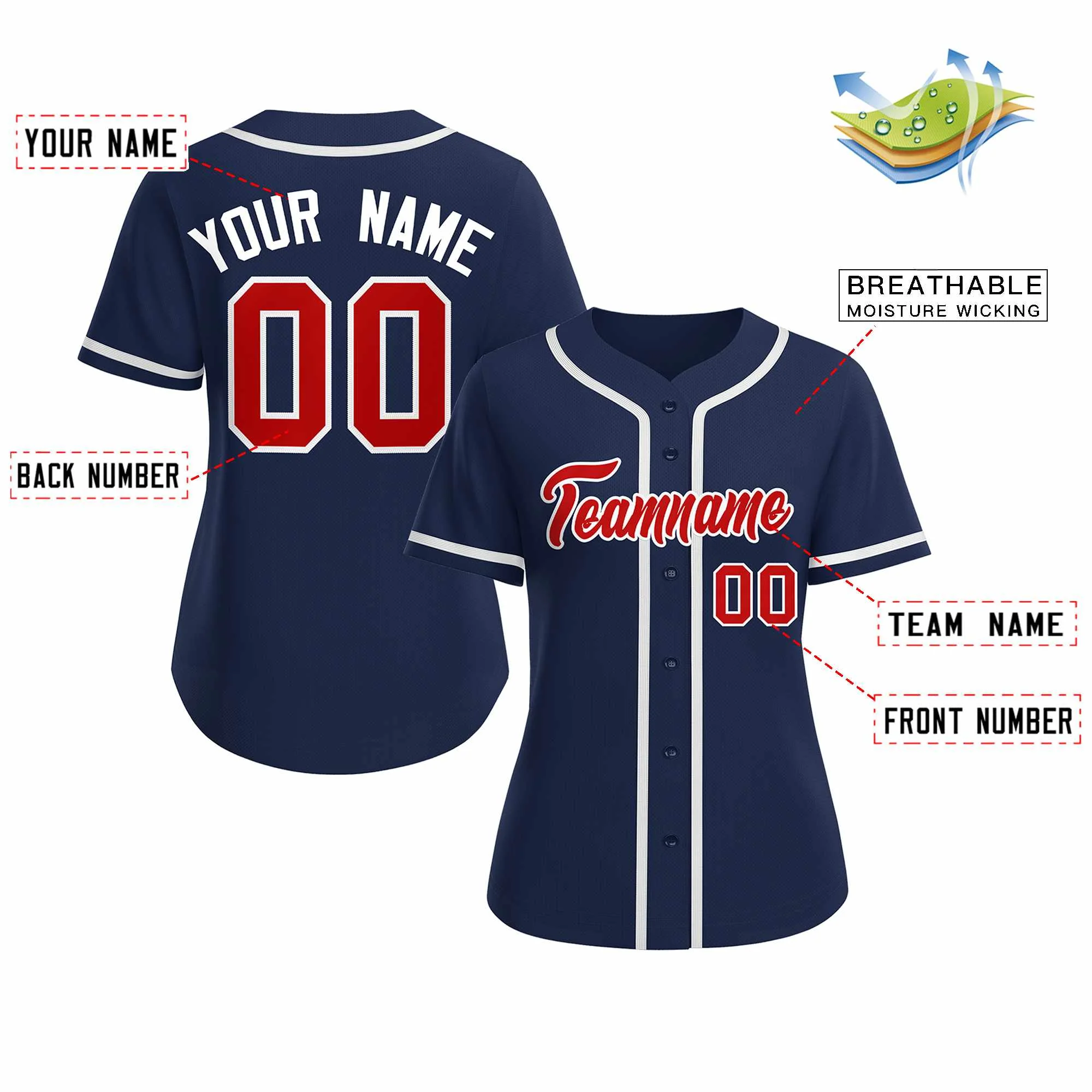 Custom Navy Red White Classic Style Baseball Jersey for Women - Image 2