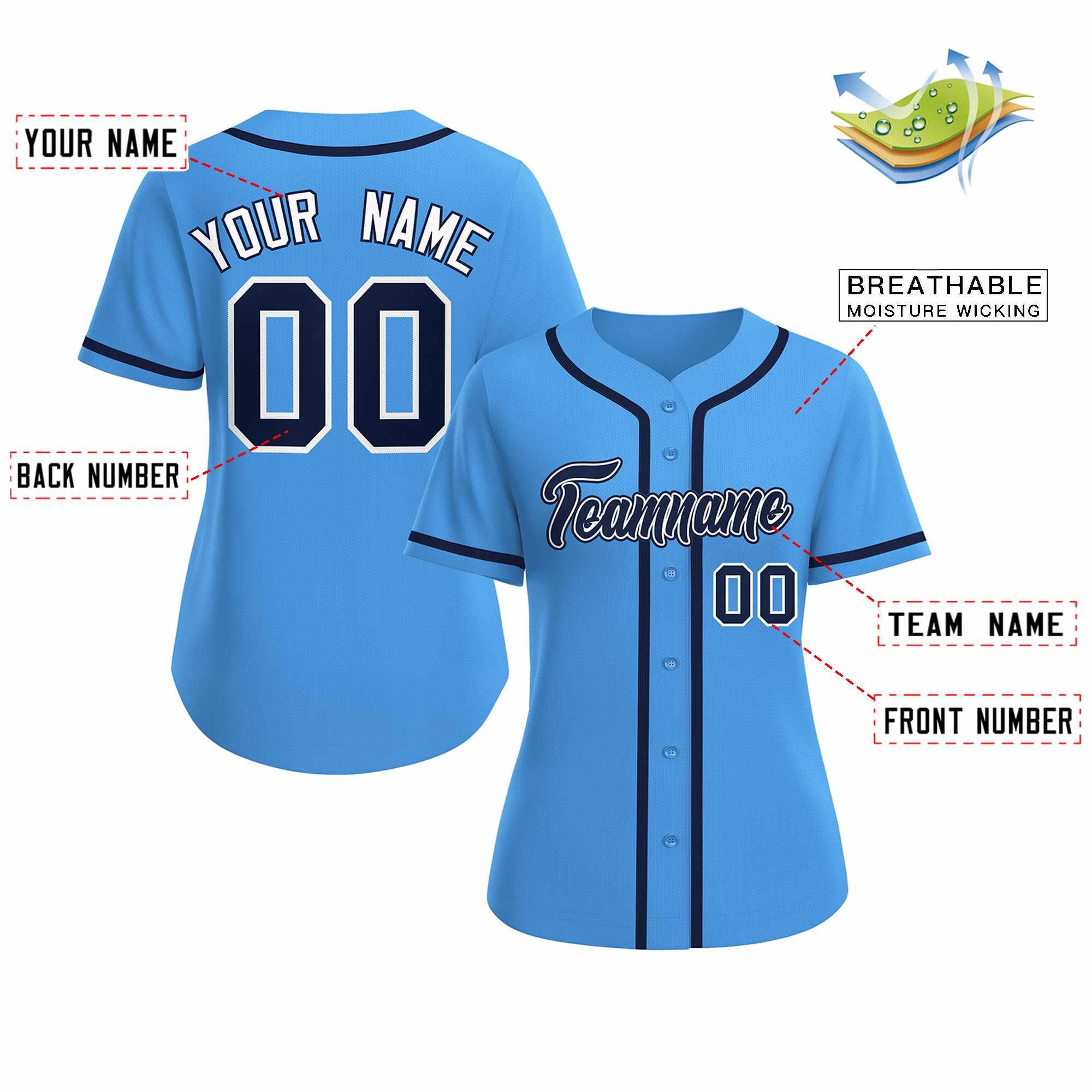 Custom Powder Blue Navy White Classic Style Baseball Jersey for Women - Image 2