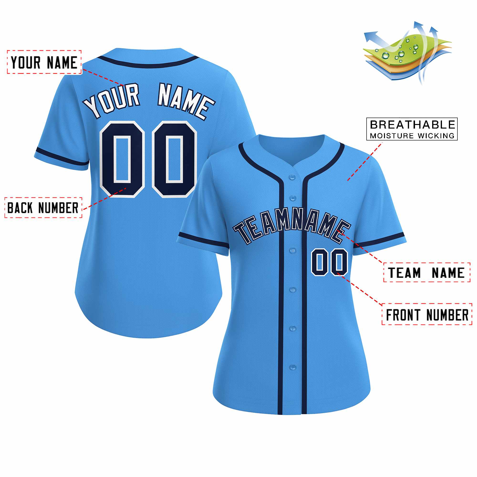 Custom Powder Blue Navy White Classic Style Baseball Jersey for Women - Image 2
