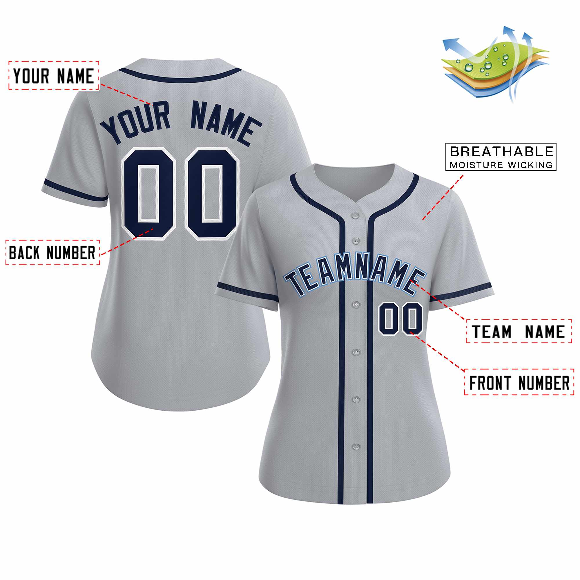 Custom Gray Navy White Classic Style Baseball Jersey for Women - Image 2