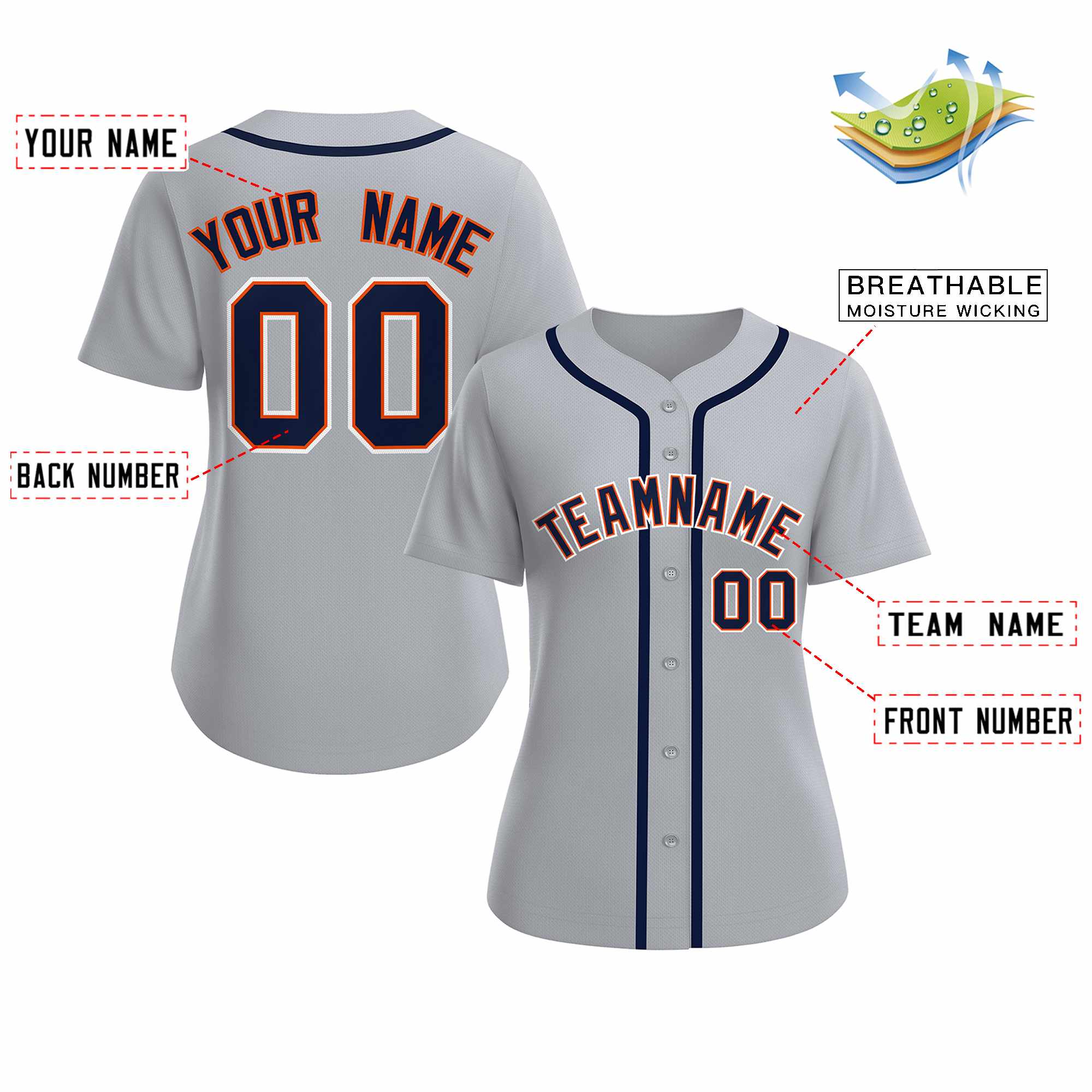 Custom Gray Navy Orange Classic Style Baseball Jersey for Women - Image 2