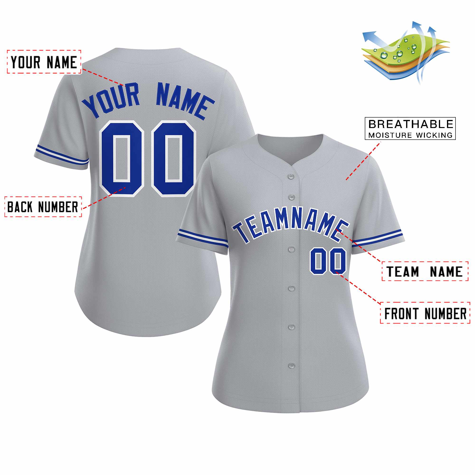 Custom Gray Royal White Classic Style Baseball Jersey for Women - Image 2