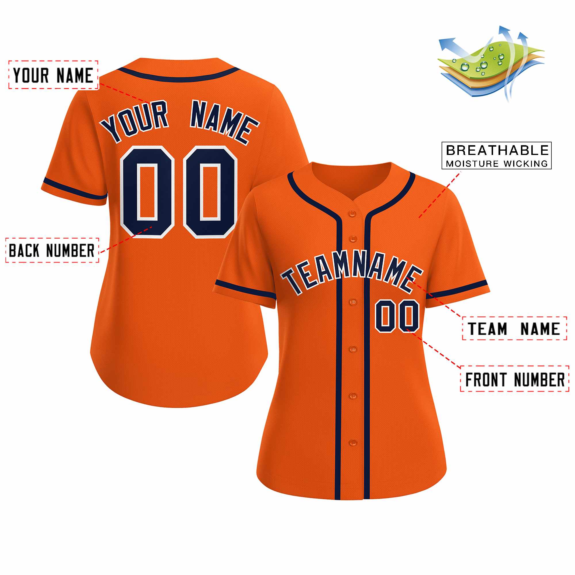 Custom Orange Navy White Classic Style Baseball Jersey for Women - Image 2