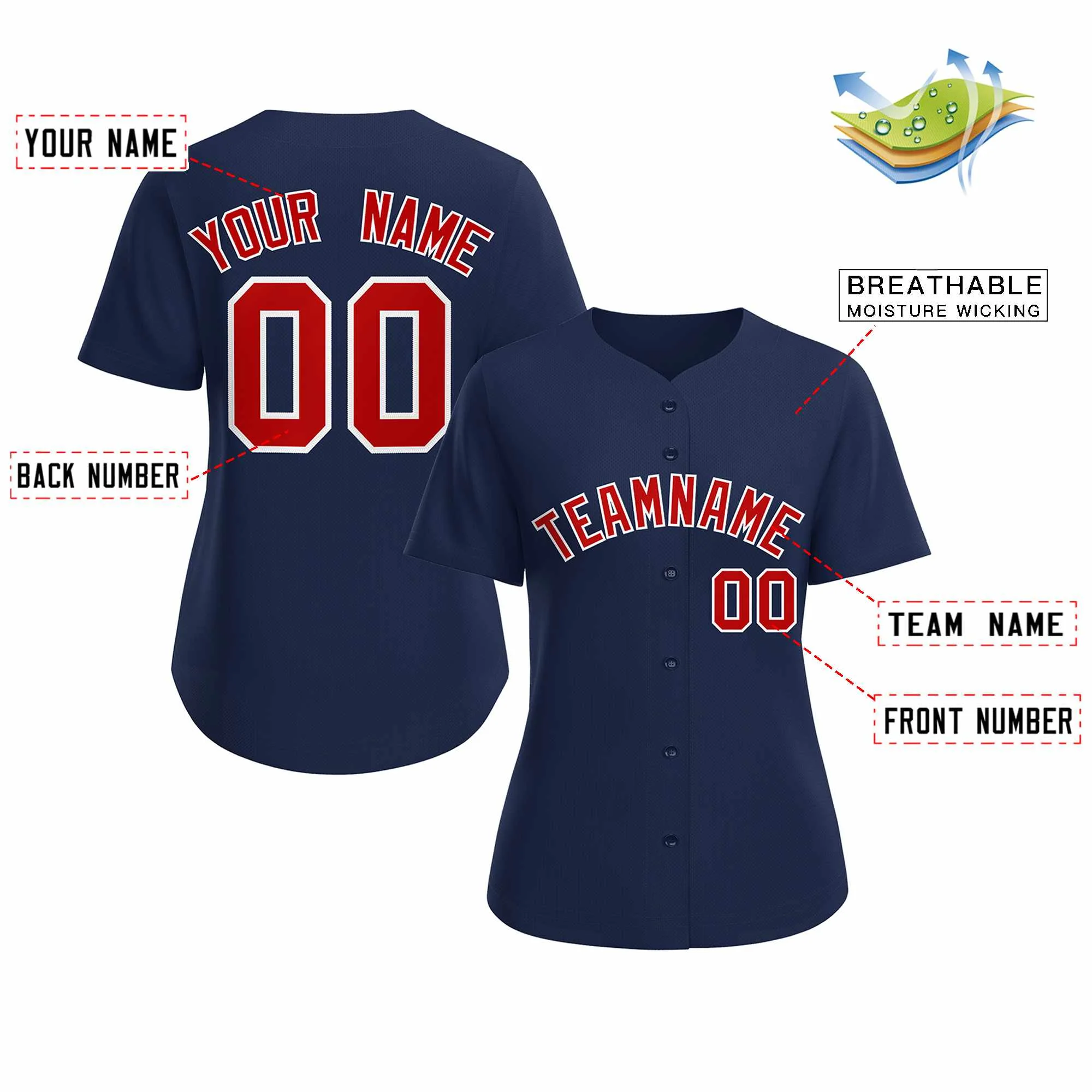 Custom Navy Red White Classic Style Baseball Jersey for Women - Image 2