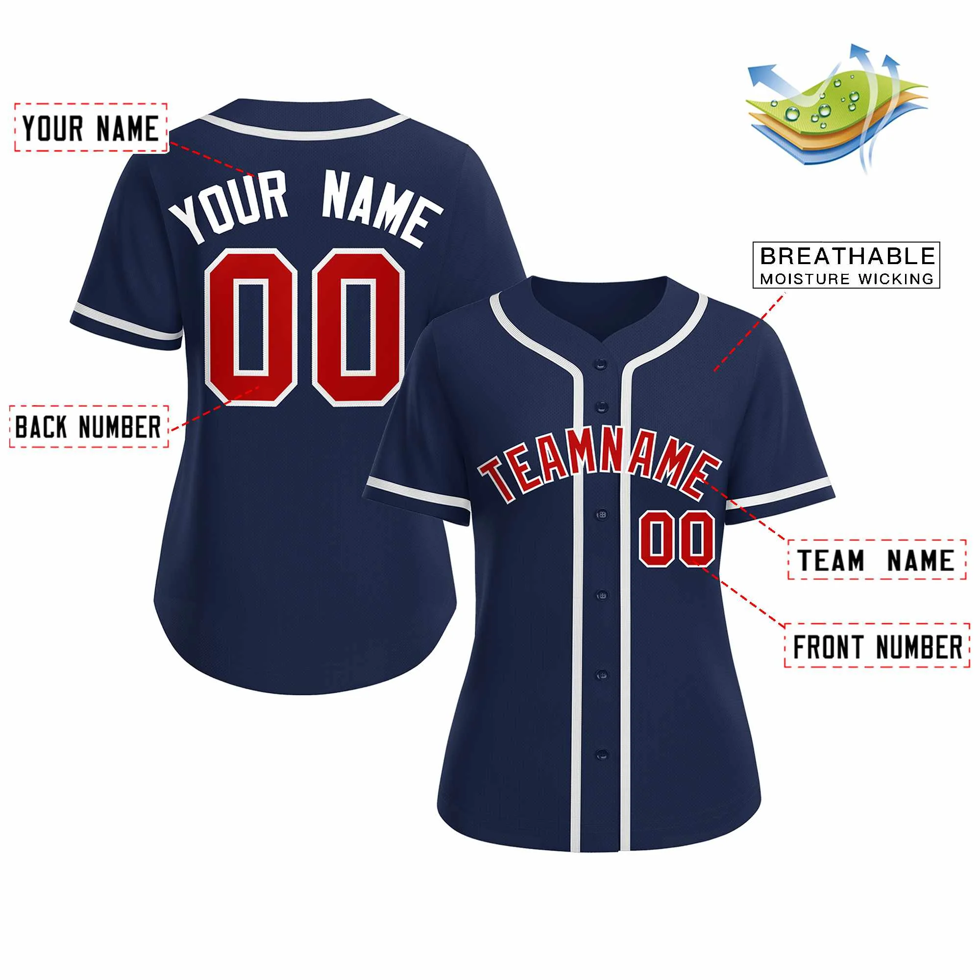 Custom Navy Red White Classic Style Baseball Jersey for Women - Image 2