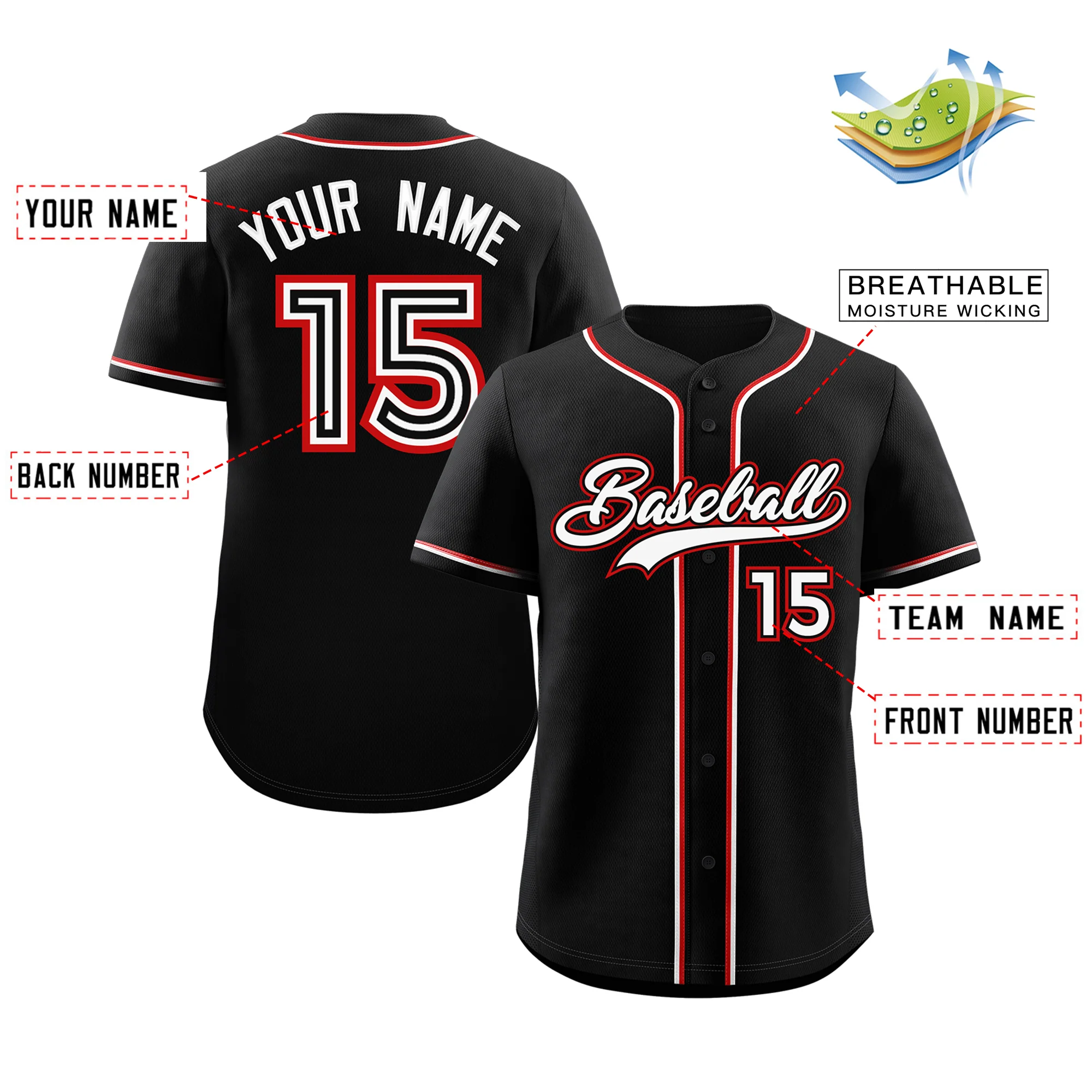 Custom Black White-Red Classic Style Authentic Baseball Jersey - Image 2
