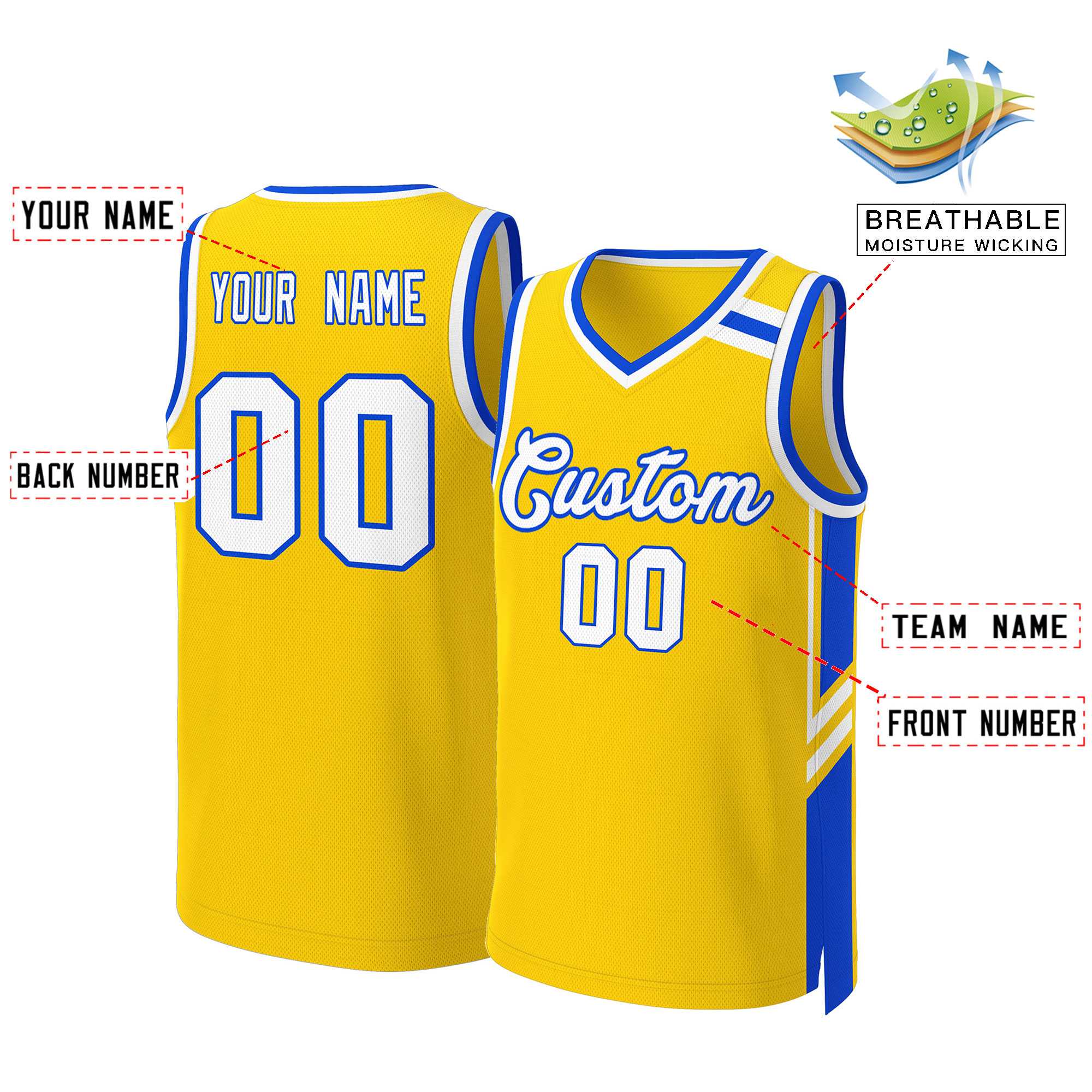Custom Gold White Royal Classic Tops Mesh Basketball Jersey - Image 2