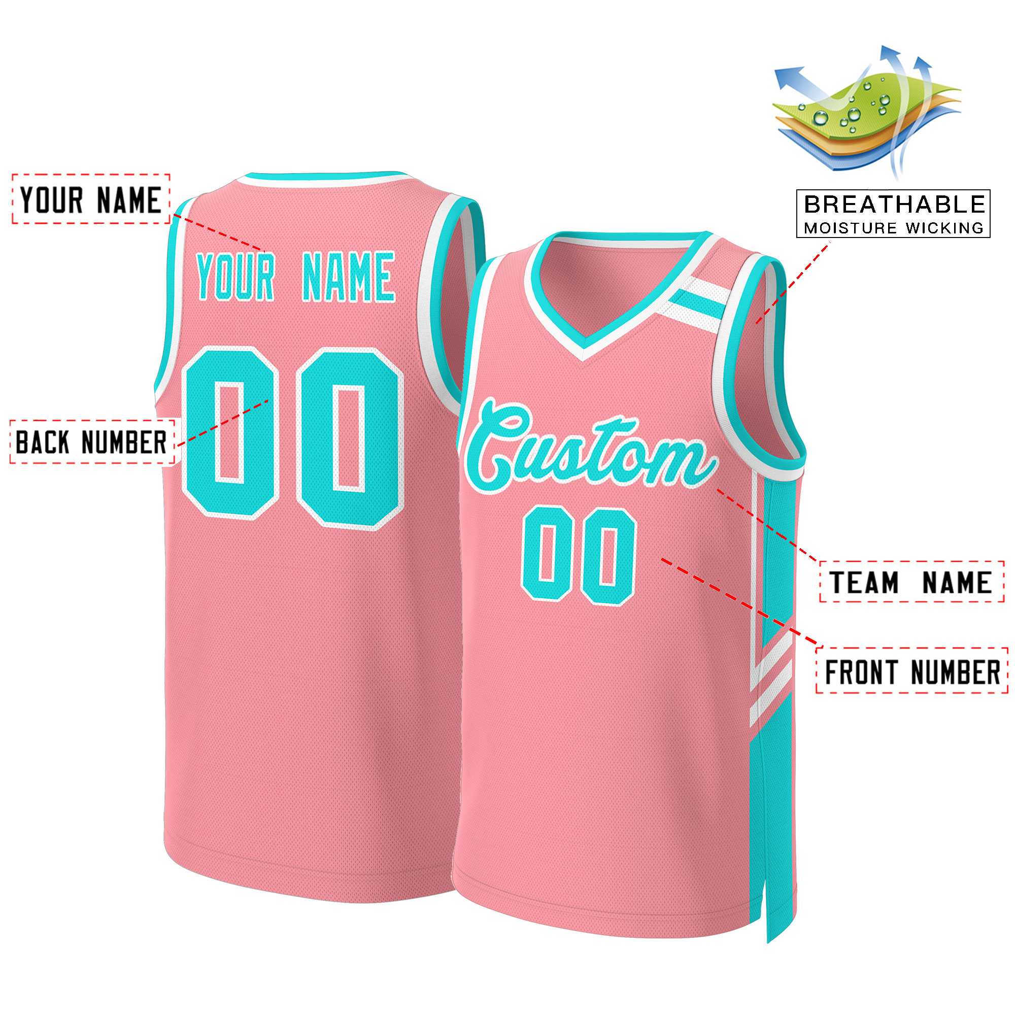 Custom Light Pink Aqua White Classic Tops Mesh Basketball Jersey - Image 2