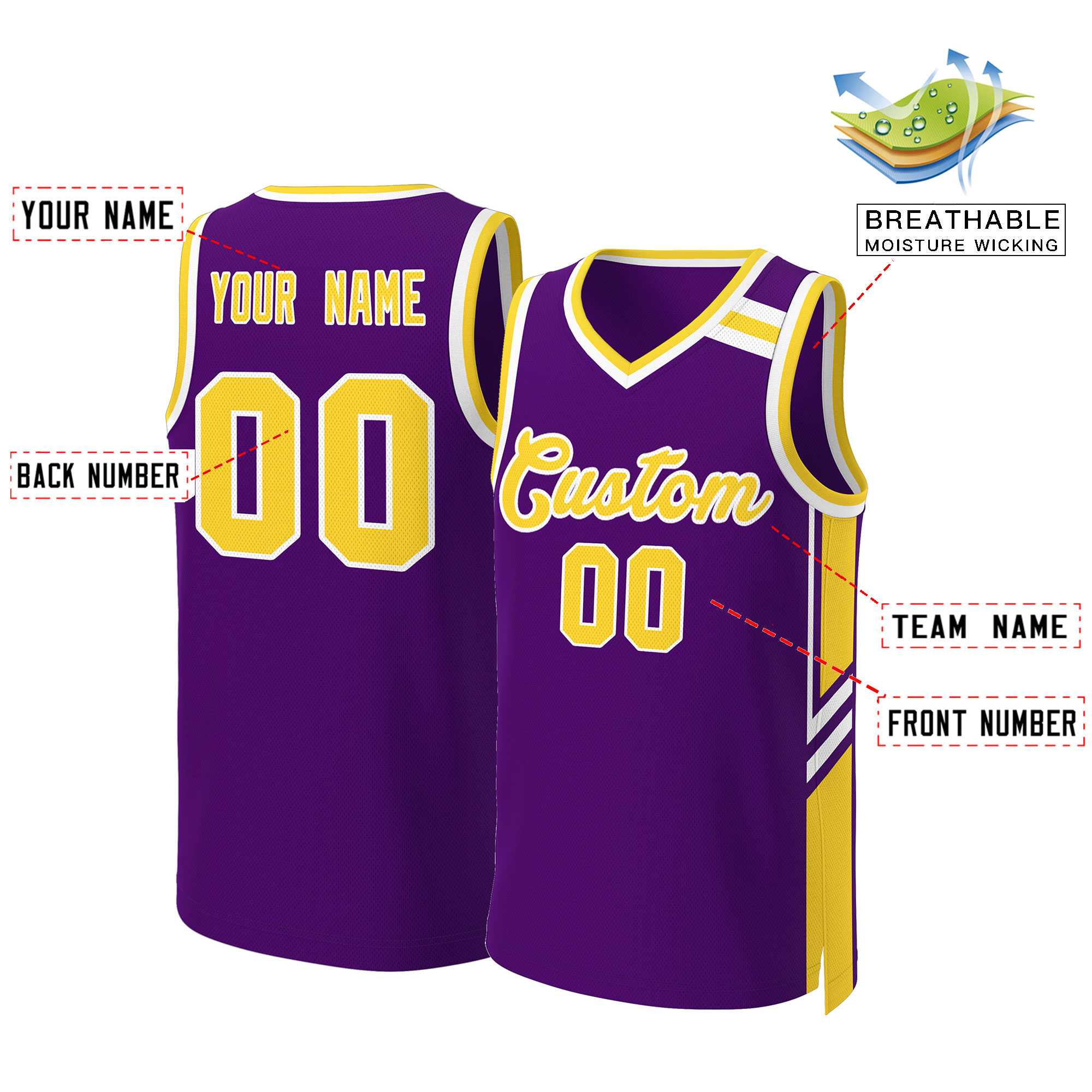 Custom Purple Gold White Classic Tops Mesh Basketball Jersey - Image 2