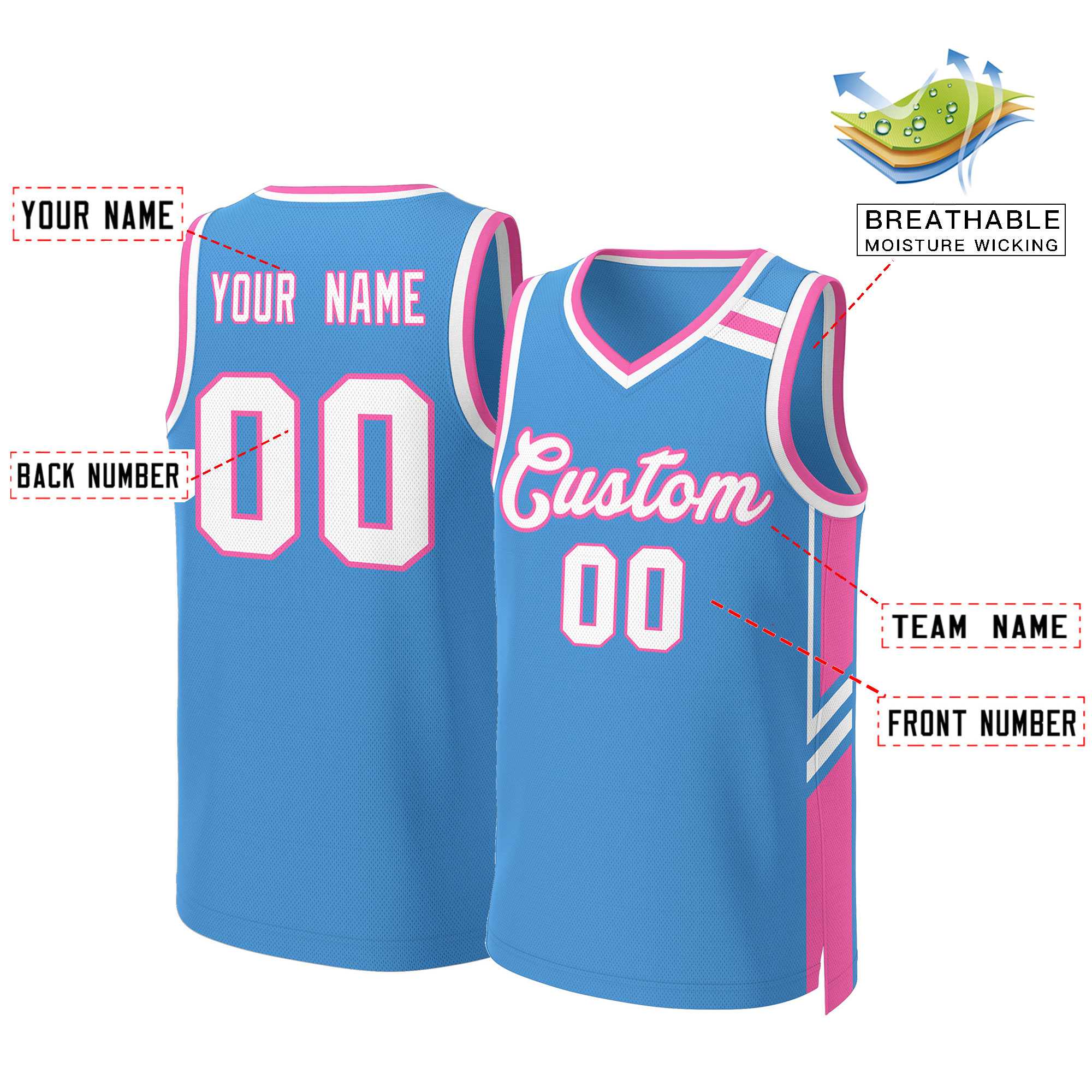 Custom Powder Blue White Pink Classic Tops Mesh Basketball Jersey - Image 2