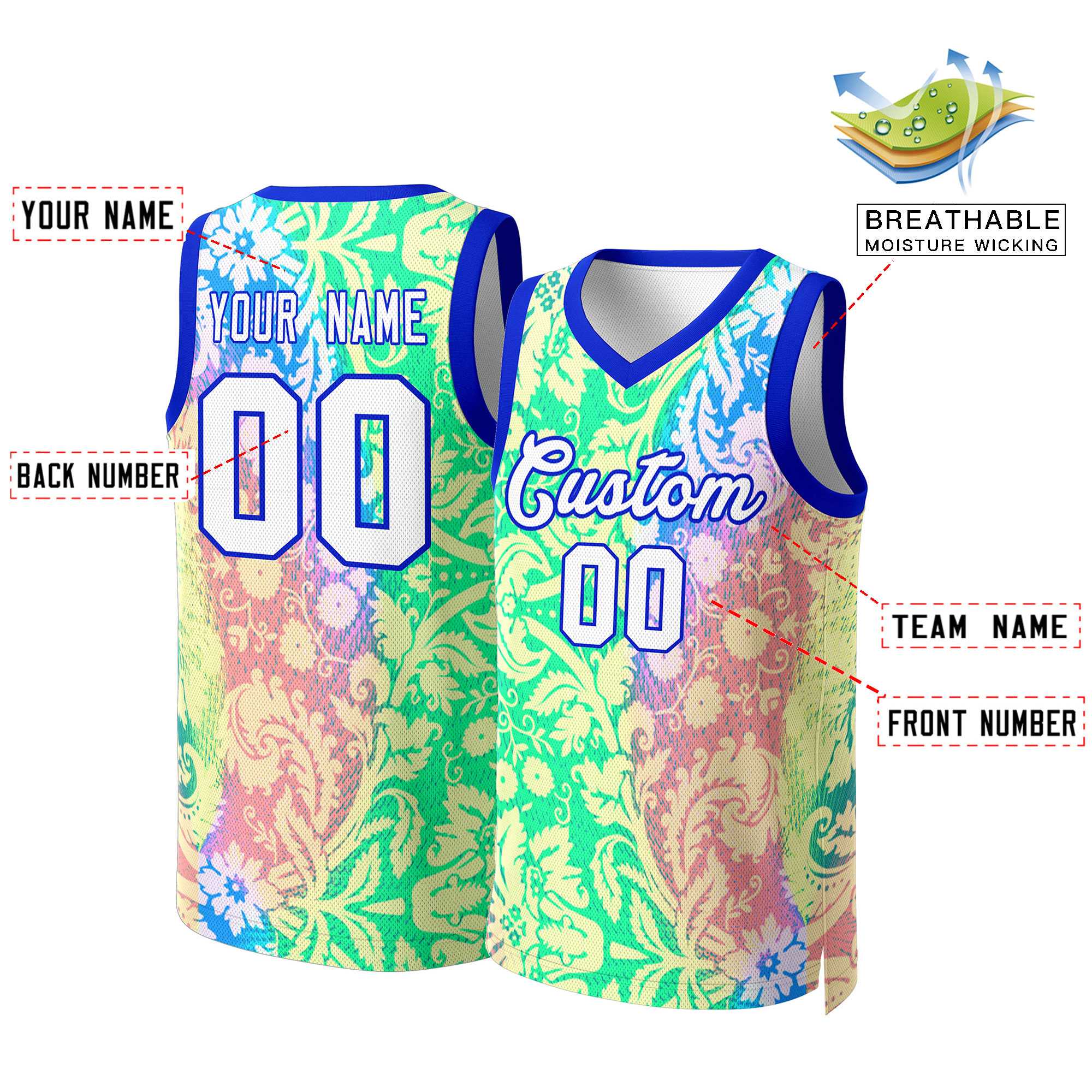 Custom Green White-Royal Graffiti Pattern Tops Mesh Basketball Jersey - Image 2