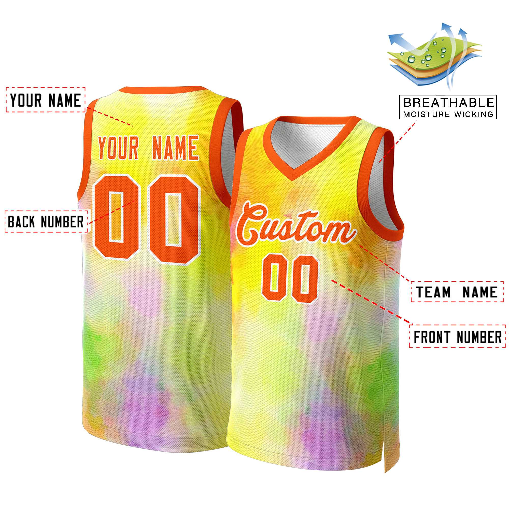 Custom Yellow Orange-White Graffiti Pattern Tops Mesh Basketball Jersey - Image 2