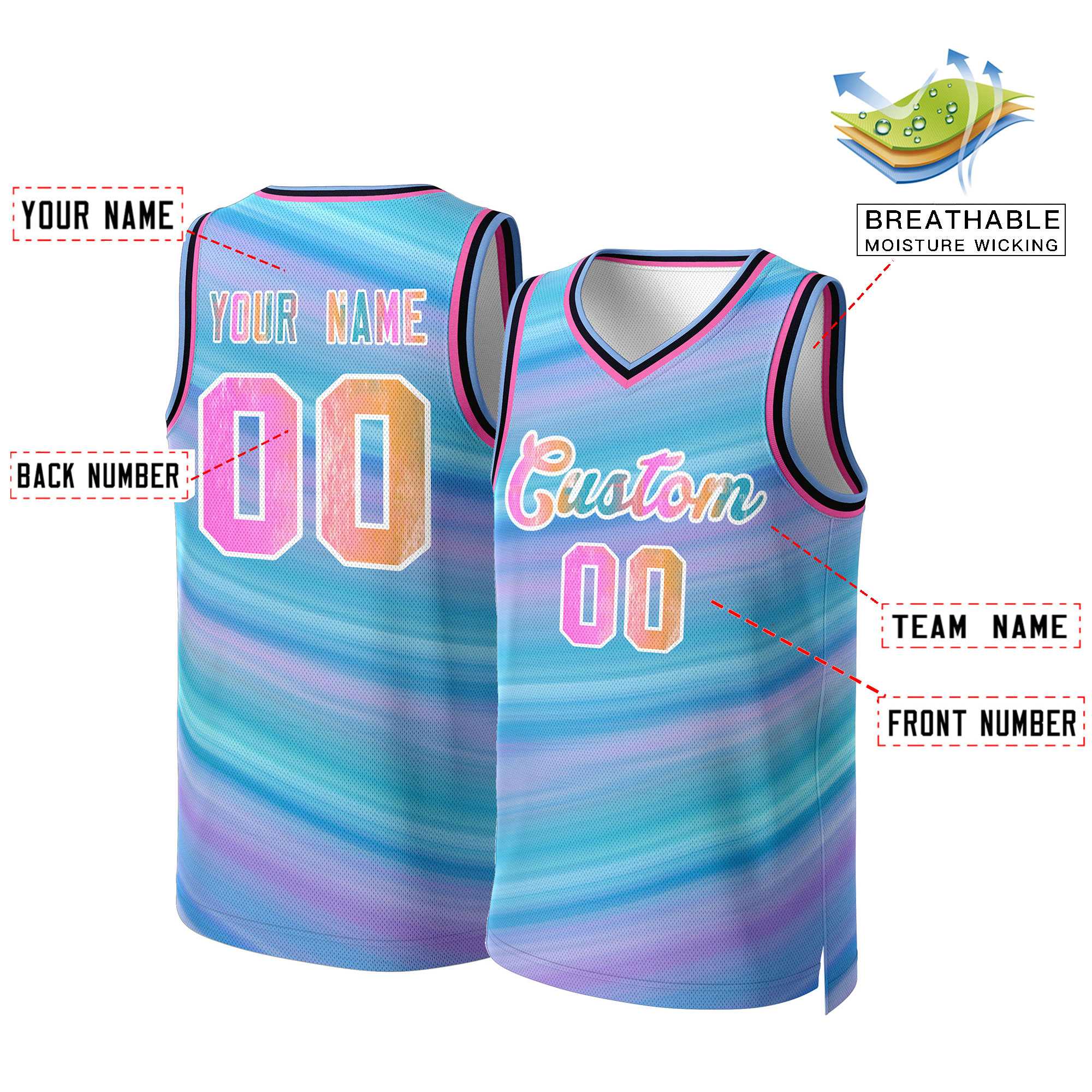 Custom Light Blue Graffiti-White Graffiti Pattern Tops Mesh Basketball Jersey - Image 2