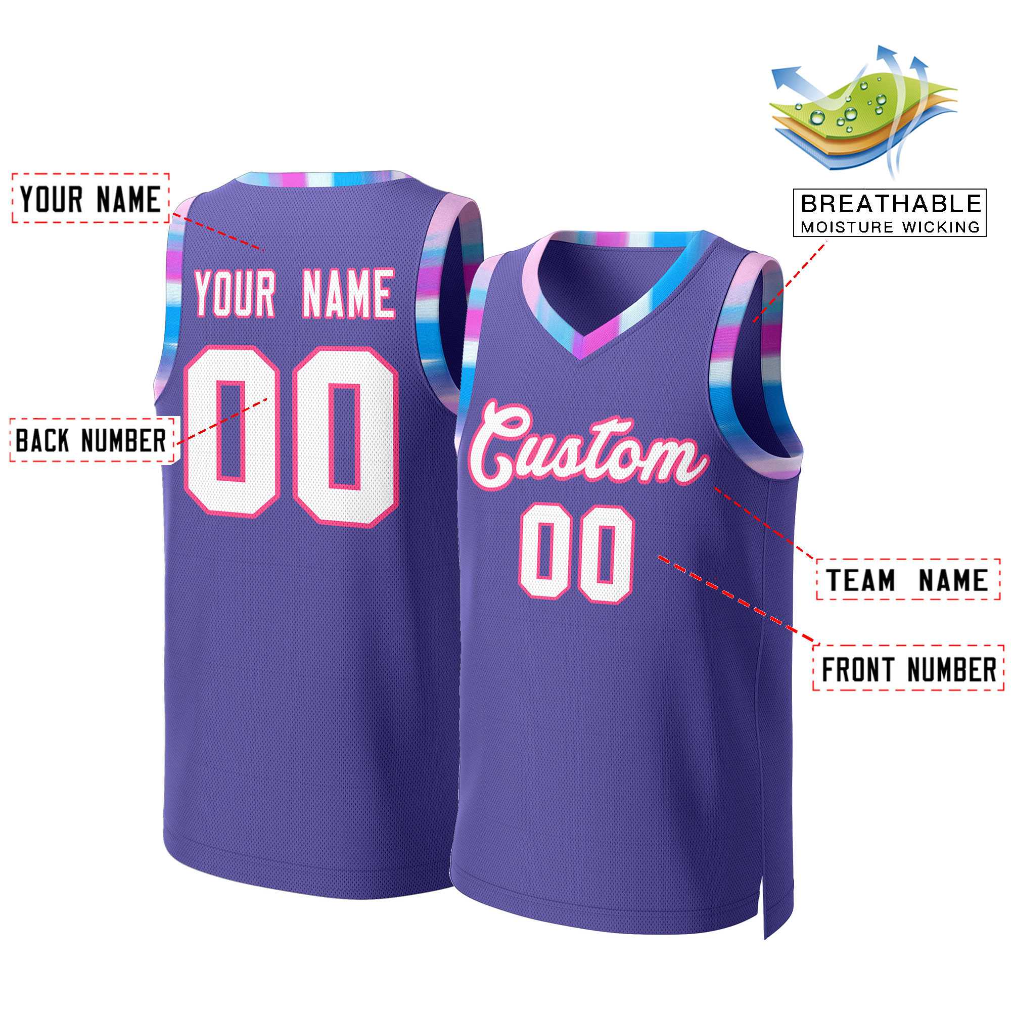 Custom Purple White-Pink Graffiti Pattern Tops Mesh Basketball Jersey - Image 2