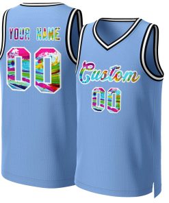 Custom Light Blue Graffiti-White Graffiti Pattern Tops Mesh Basketball Jersey