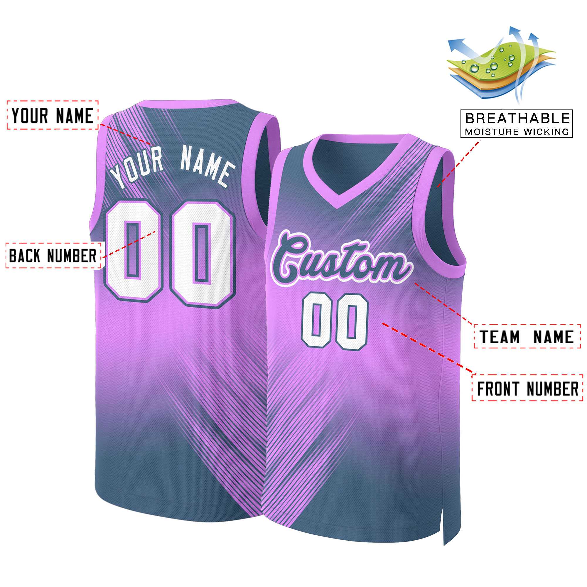 Custom Pink Navy-White Gradient Fashion Tops Slash Basketball Jersey - Image 2