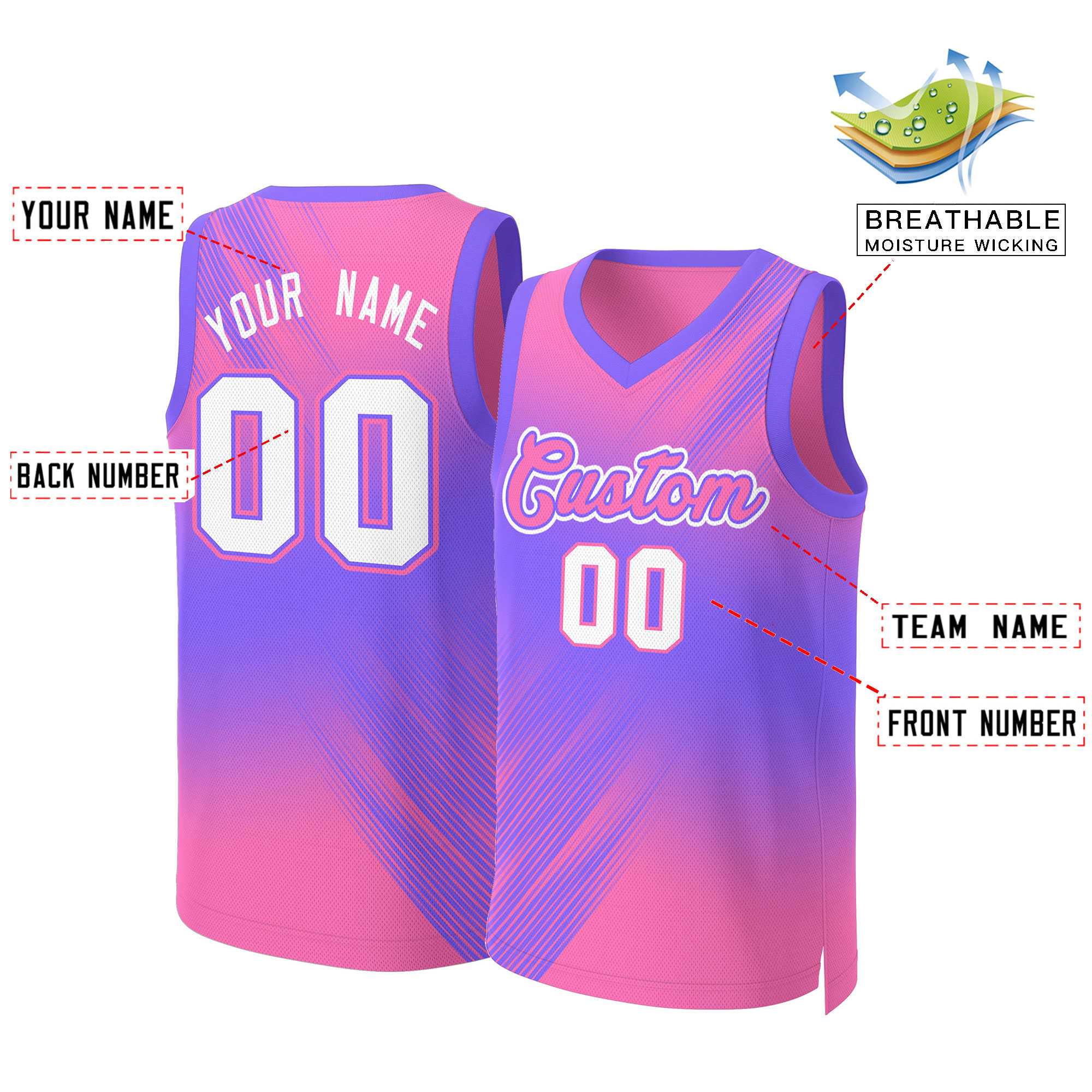 Custom Pink Pink-Purple Gradient Fashion Tops Slash Basketball Jersey - Image 2