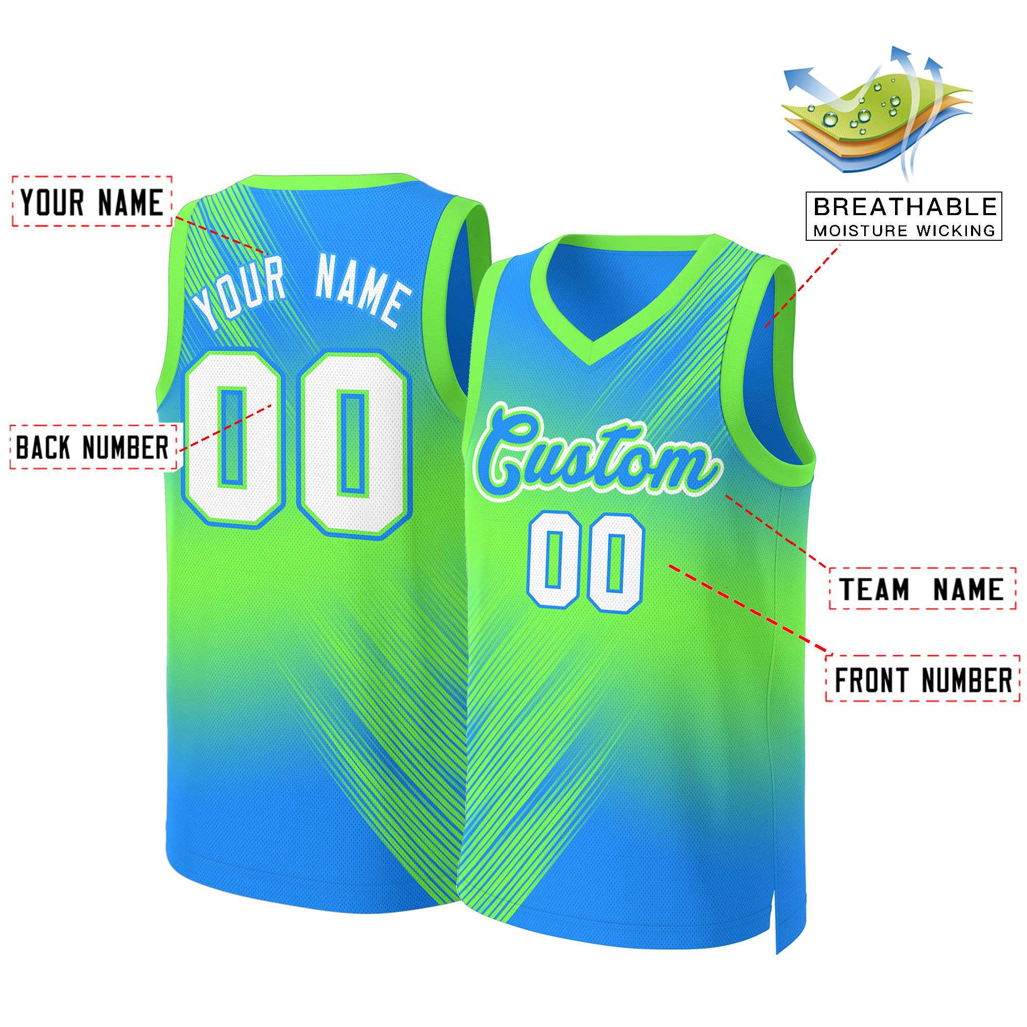 Custom Green Blue-Green Gradient Fashion Tops Slash Basketball Jersey - Image 2